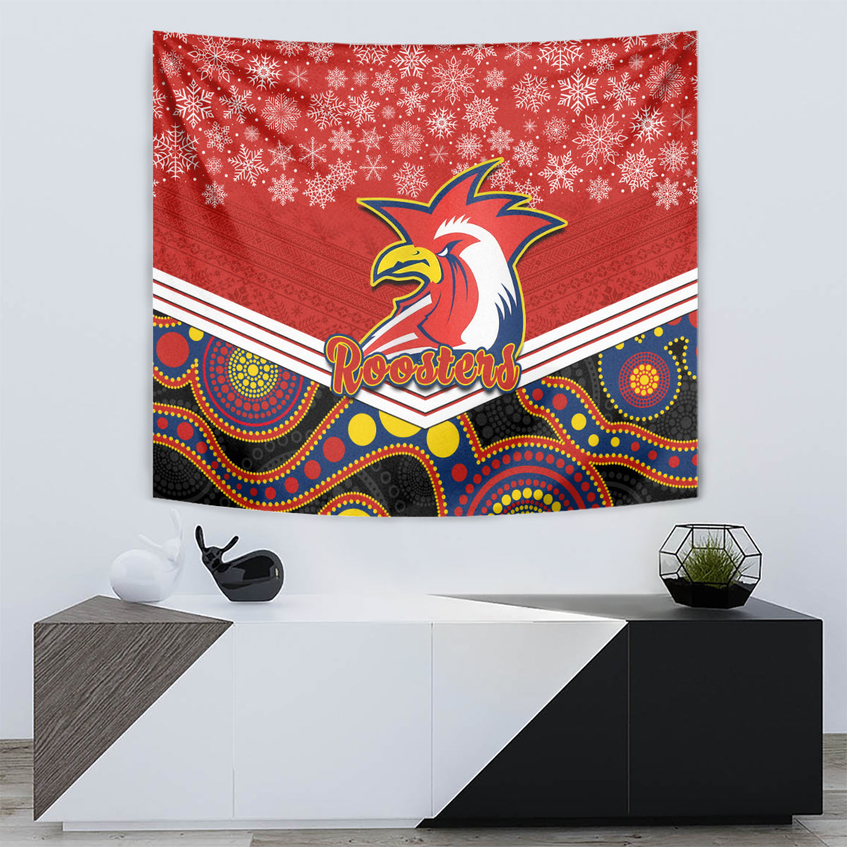 Roosters Rugby Christmas Tapestry Merry Xmas 2023 Mix Aboriginal Art - Vibe Hoodie Shop