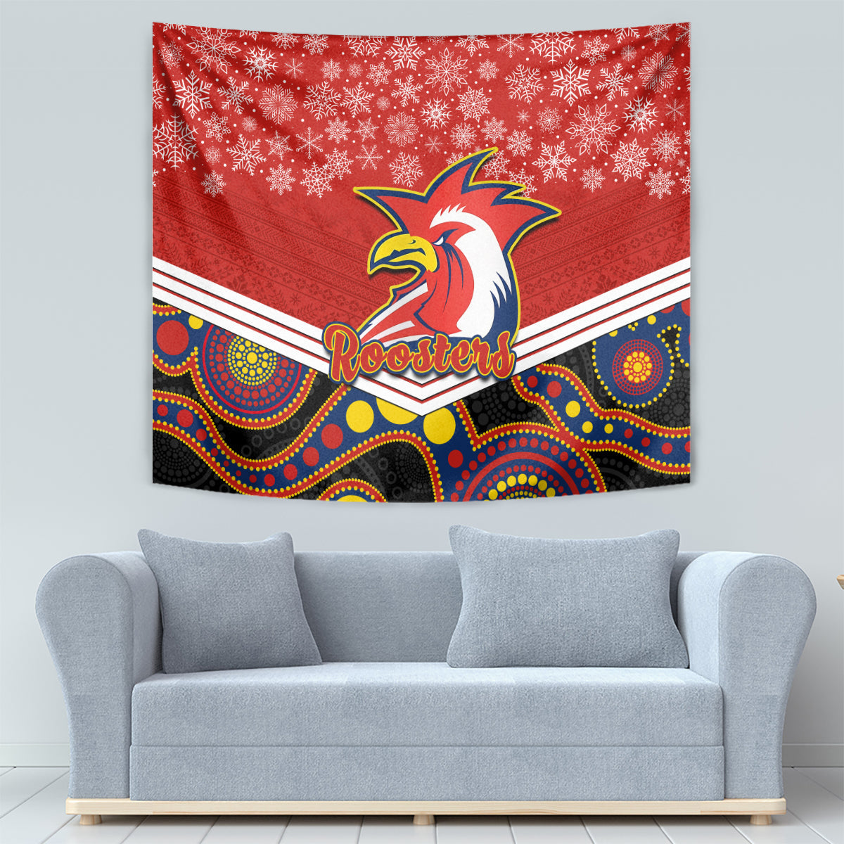 Roosters Rugby Christmas Tapestry Merry Xmas 2023 Mix Aboriginal Art - Vibe Hoodie Shop