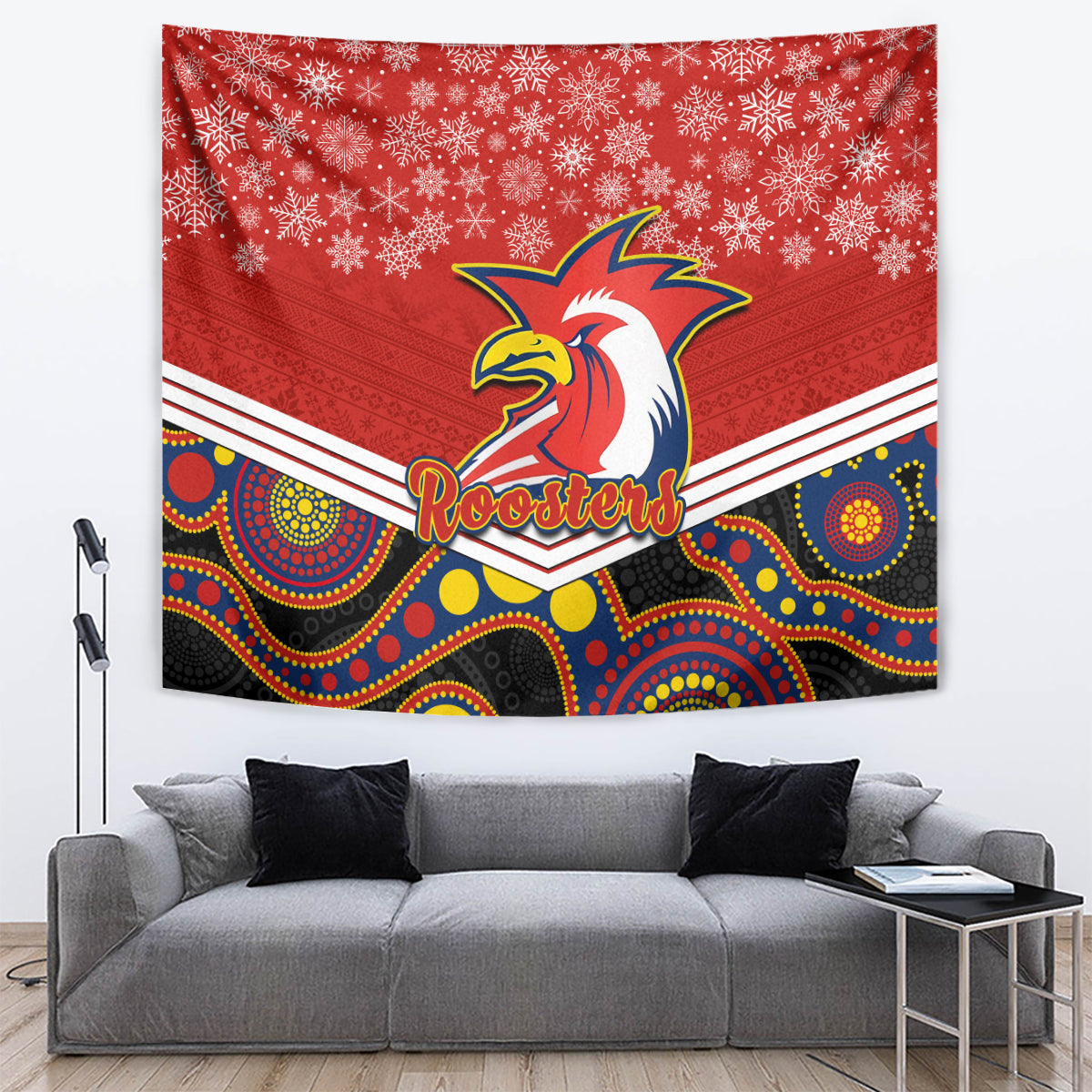 Roosters Rugby Christmas Tapestry Merry Xmas 2023 Mix Aboriginal Art - Vibe Hoodie Shop