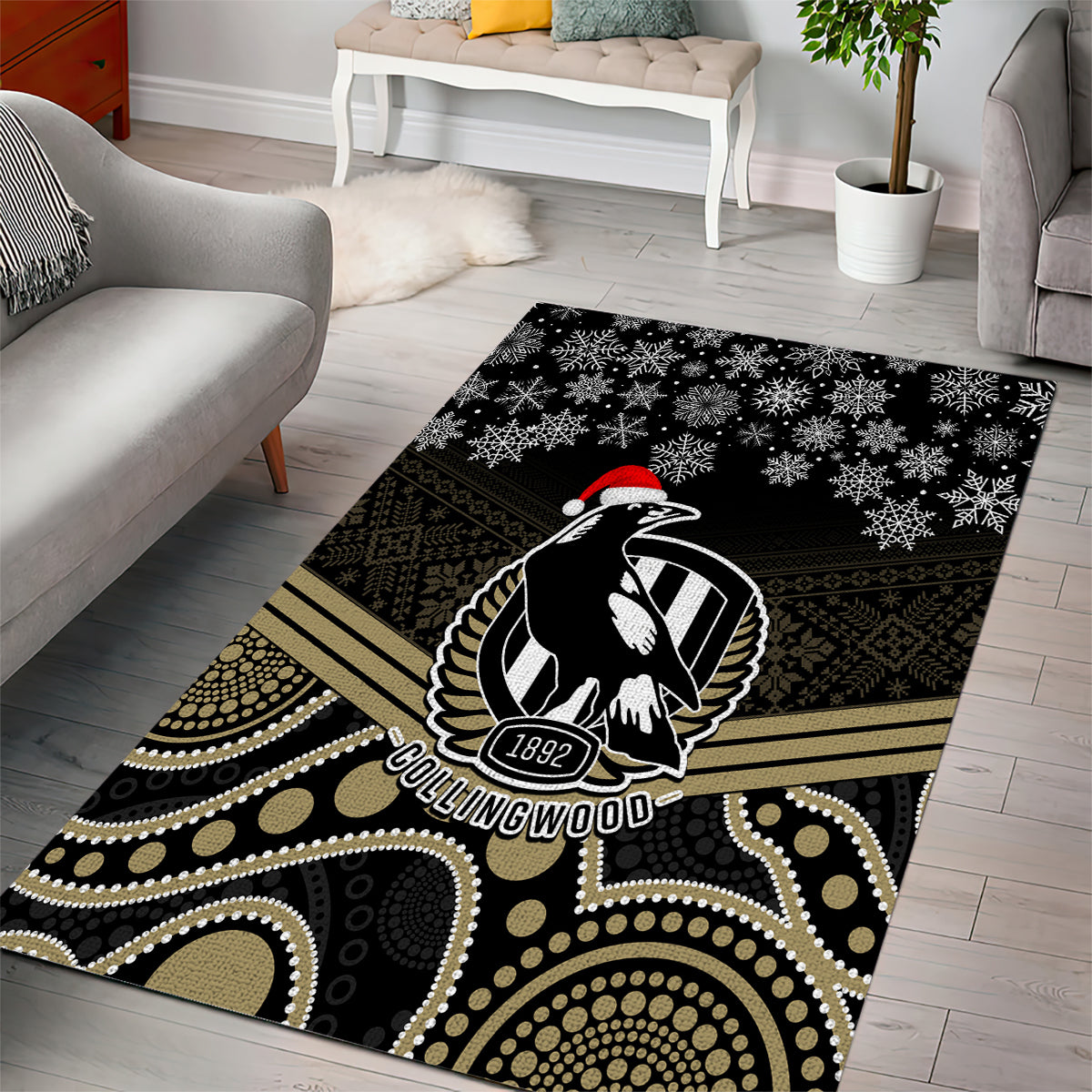 Collingwood Football Christmas Area Rug Merry Xmas 2023 Mix Aboriginal Art - Vibe Hoodie Shop