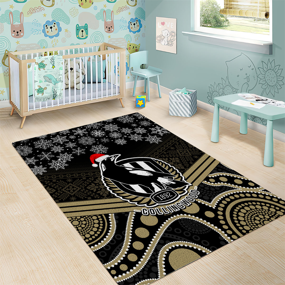 Collingwood Football Christmas Area Rug Merry Xmas 2023 Mix Aboriginal Art - Vibe Hoodie Shop