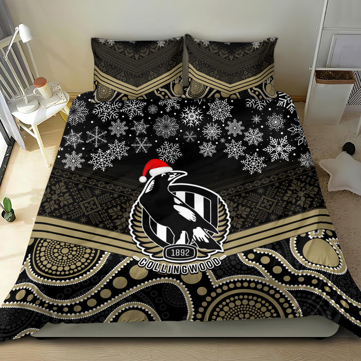 Collingwood Football Christmas Bedding Set Merry Xmas 2023 Mix Aboriginal Art - Vibe Hoodie Shop