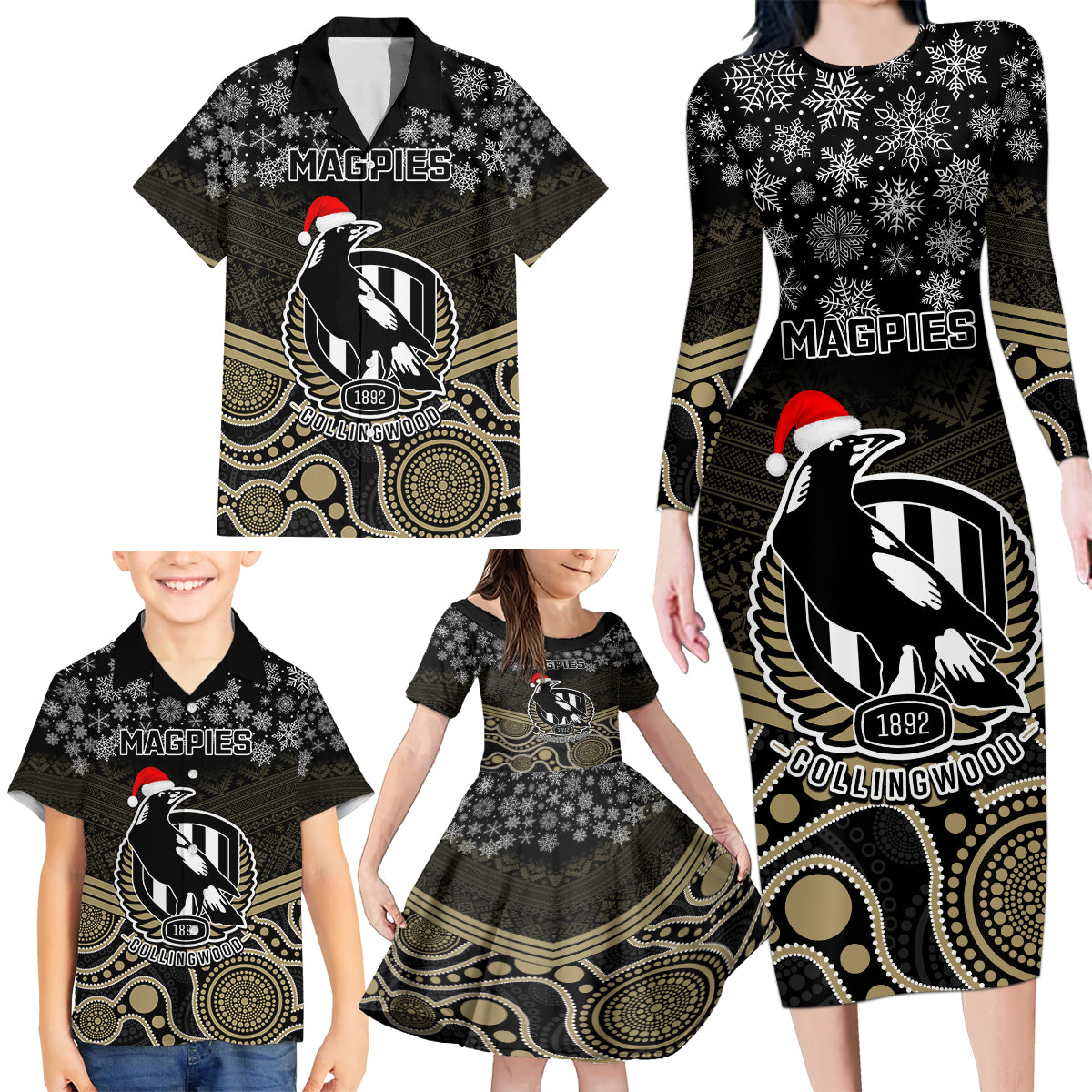 custom-collingwood-football-christmas-family-matching-long-sleeve-bodycon-dress-and-hawaiian-shirt-merry-xmas-2023-mix-aboriginal-art