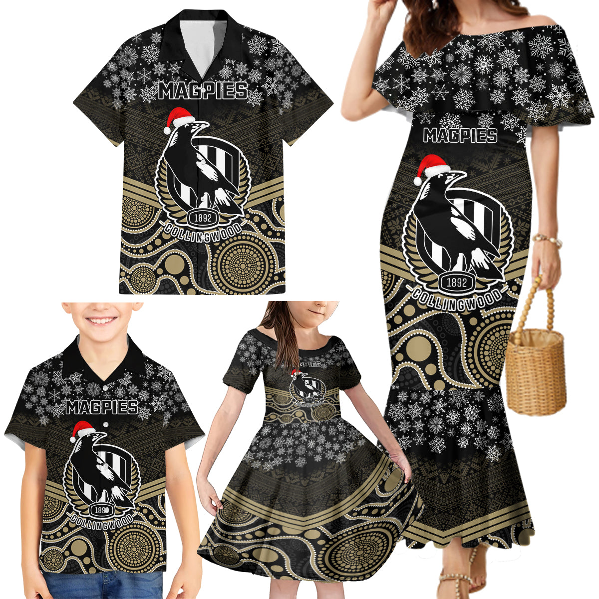 custom-collingwood-football-christmas-family-matching-mermaid-dress-and-hawaiian-shirt-merry-xmas-2023-mix-aboriginal-art