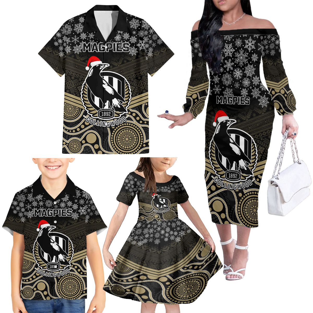 custom-collingwood-football-christmas-family-matching-off-shoulder-long-sleeve-dress-and-hawaiian-shirt-merry-xmas-2023-mix-aboriginal-art