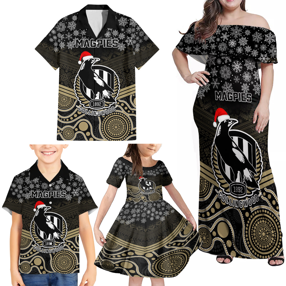 custom-collingwood-football-christmas-family-matching-off-shoulder-maxi-dress-and-hawaiian-shirt-merry-xmas-2023-mix-aboriginal-art