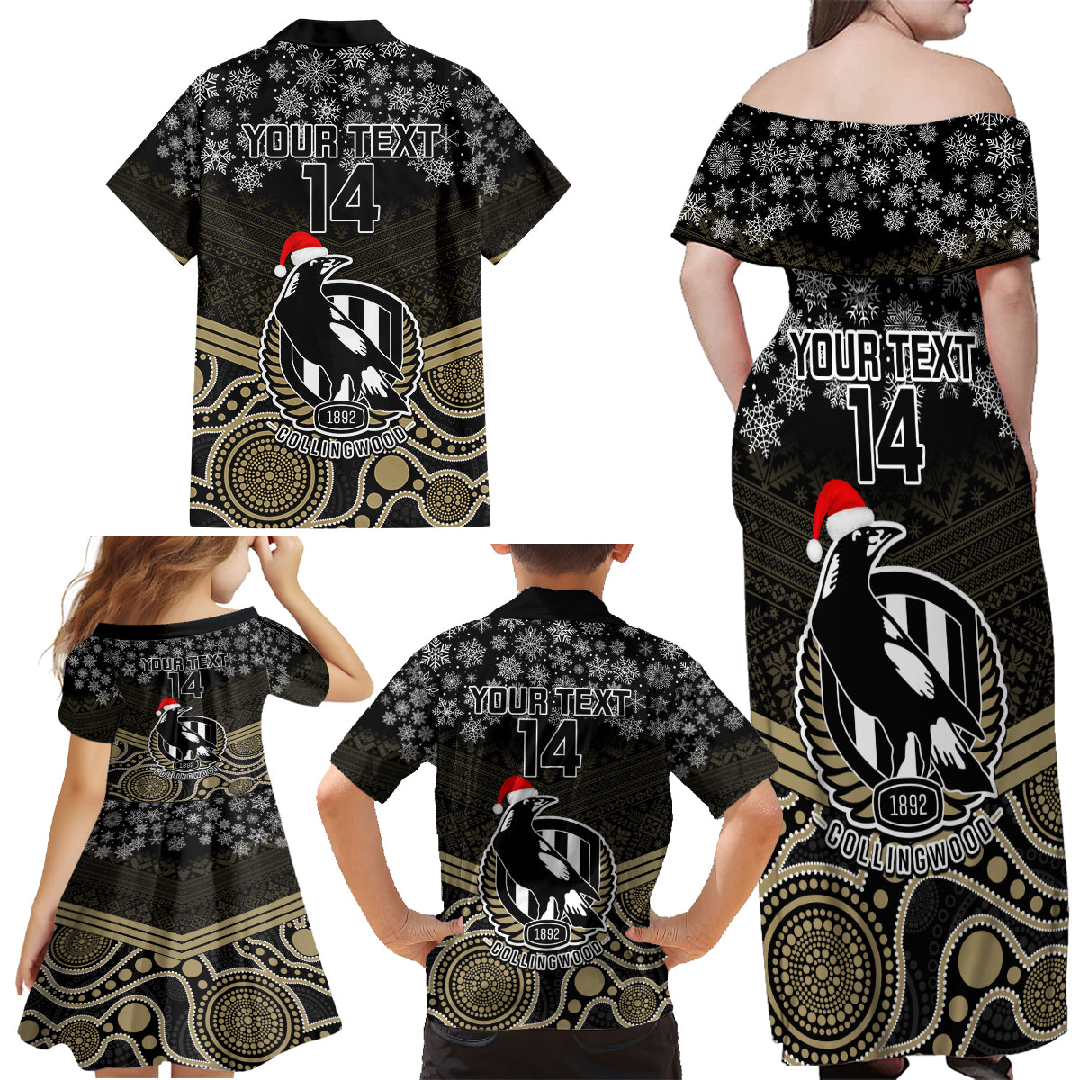 custom-collingwood-football-christmas-family-matching-off-shoulder-maxi-dress-and-hawaiian-shirt-merry-xmas-2023-mix-aboriginal-art