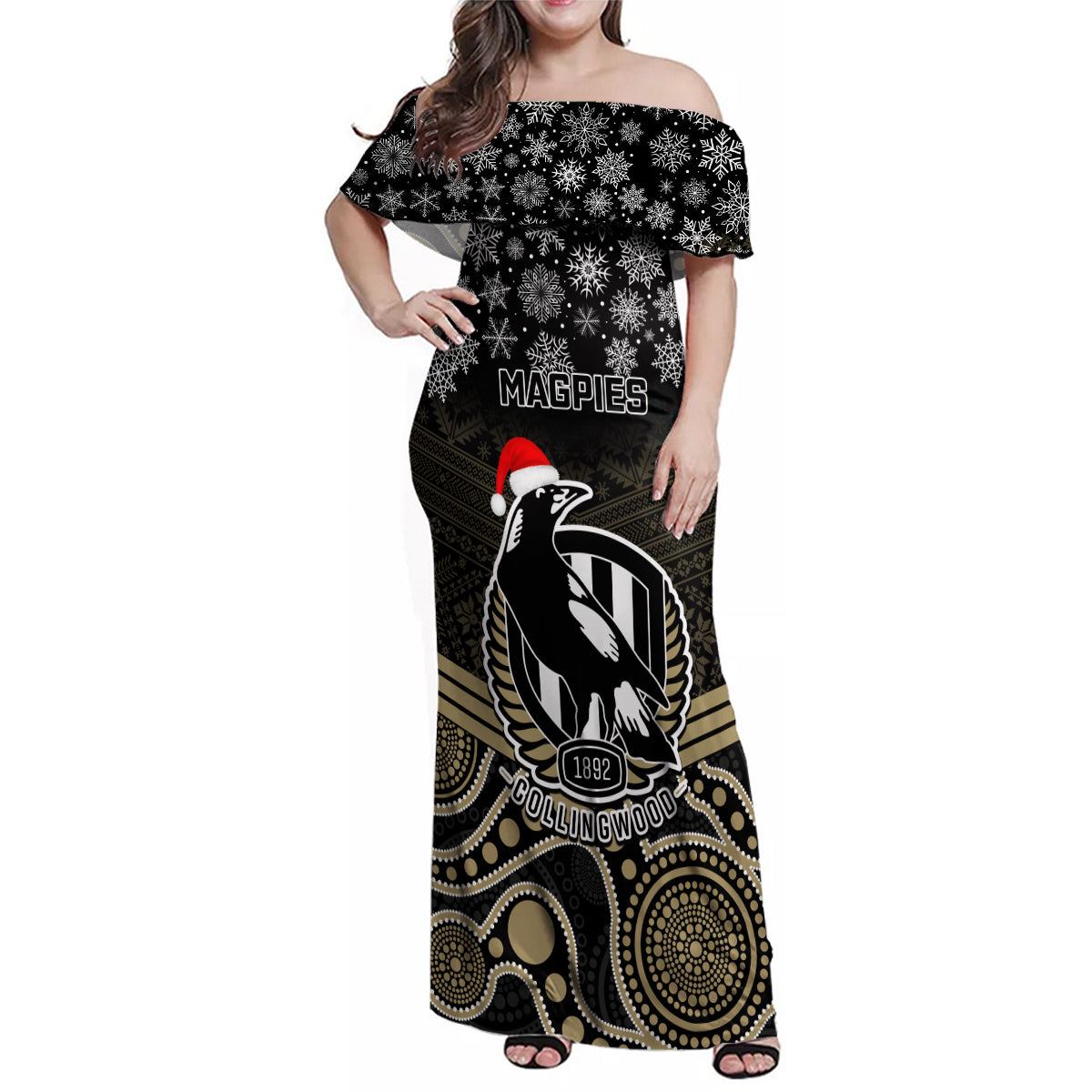 custom-collingwood-football-christmas-family-matching-off-shoulder-maxi-dress-and-hawaiian-shirt-merry-xmas-2023-mix-aboriginal-art