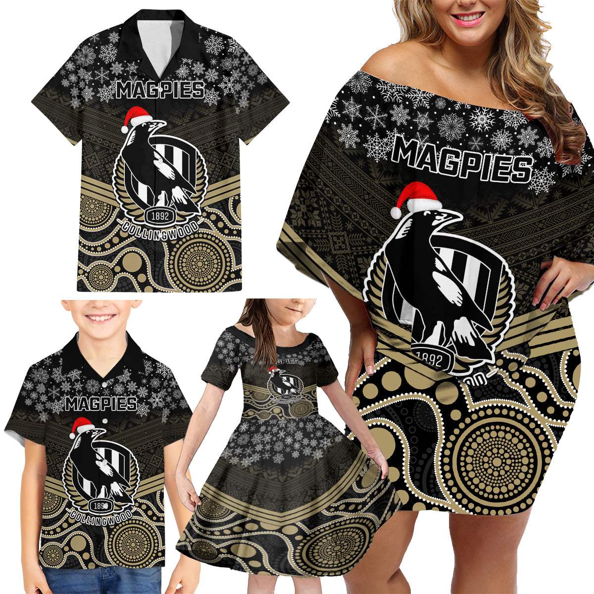 custom-collingwood-football-christmas-family-matching-off-shoulder-short-dress-and-hawaiian-shirt-merry-xmas-2023-mix-aboriginal-art