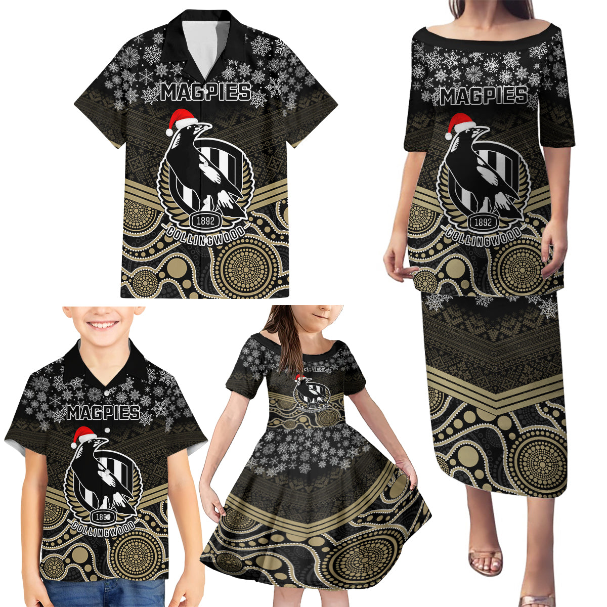 custom-collingwood-football-christmas-family-matching-puletasi-dress-and-hawaiian-shirt-merry-xmas-2023-mix-aboriginal-art