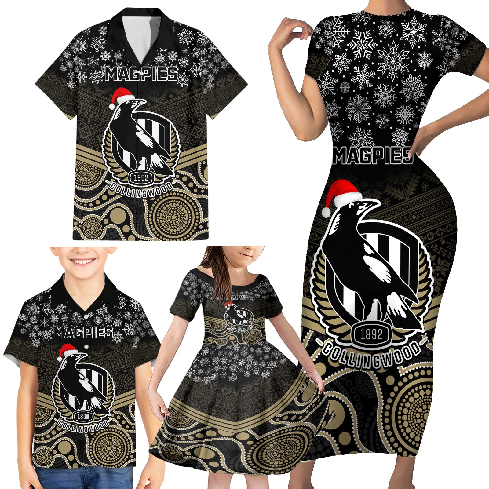 custom-collingwood-football-christmas-family-matching-short-sleeve-bodycon-dress-and-hawaiian-shirt-merry-xmas-2023-mix-aboriginal-art