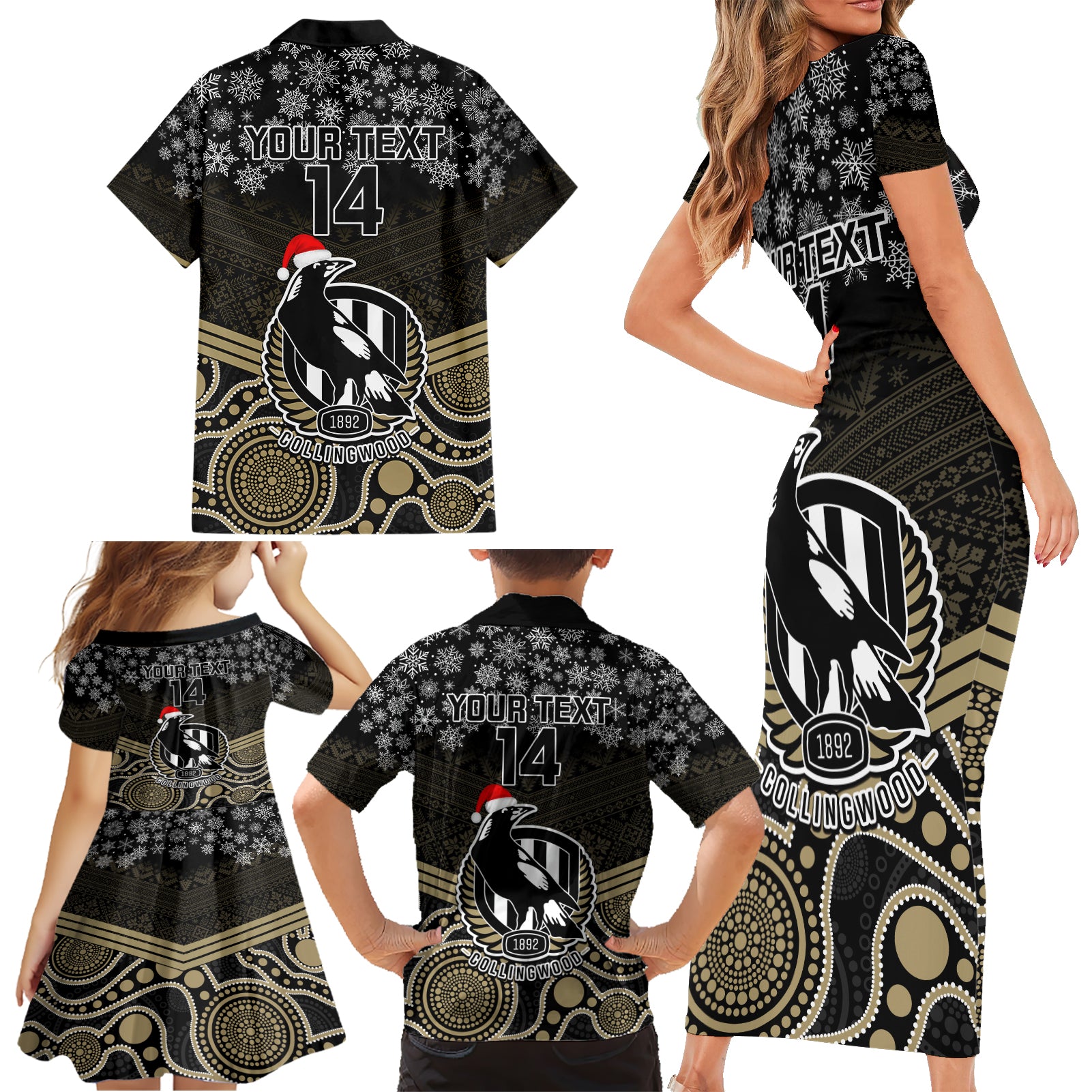 custom-collingwood-football-christmas-family-matching-short-sleeve-bodycon-dress-and-hawaiian-shirt-merry-xmas-2023-mix-aboriginal-art