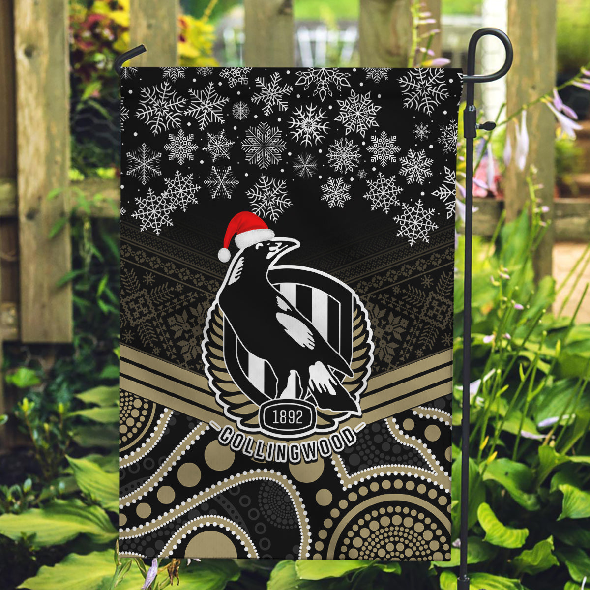 Collingwood Football Christmas Garden Flag Merry Xmas 2023 Mix Aboriginal Art - Vibe Hoodie Shop