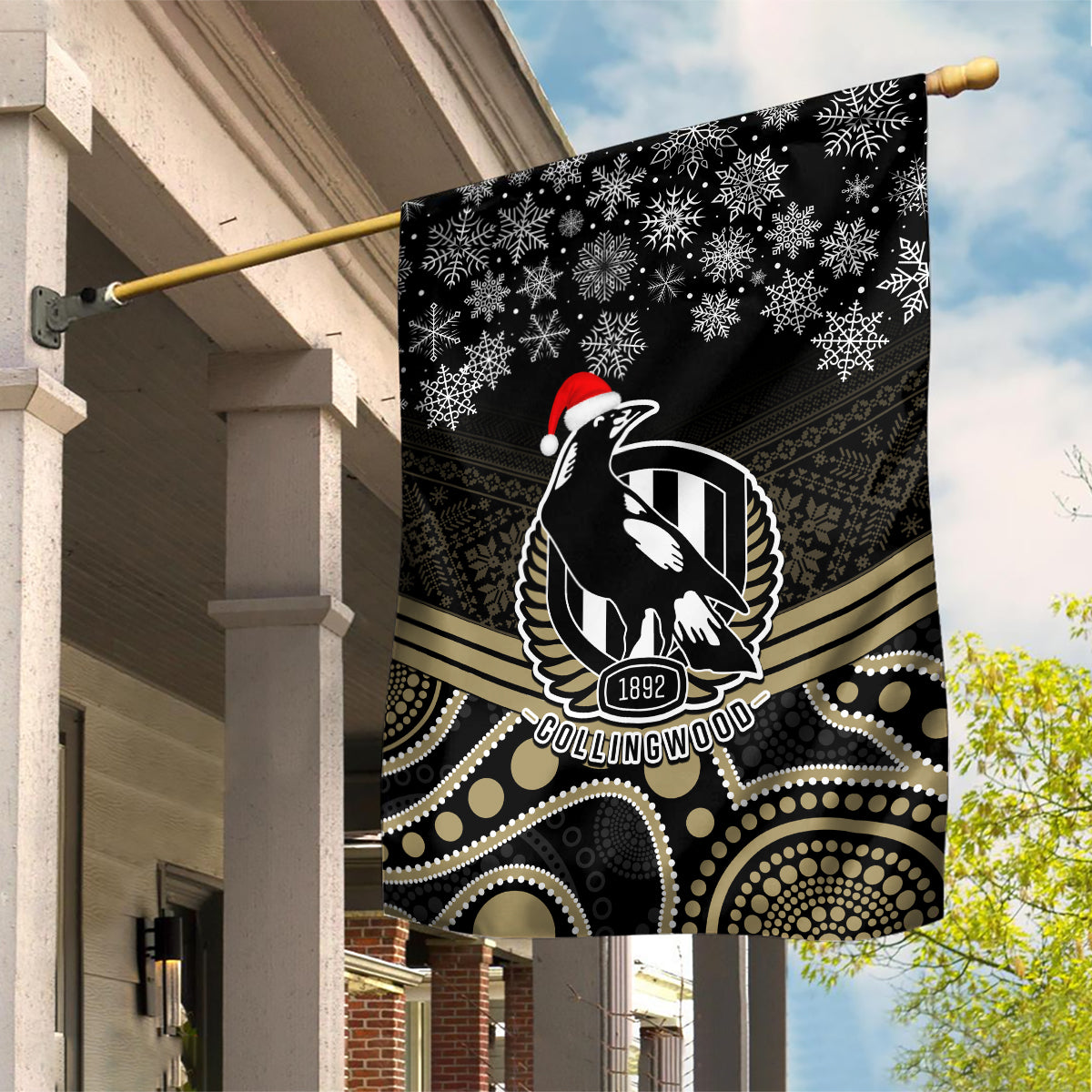 Collingwood Football Christmas Garden Flag Merry Xmas 2023 Mix Aboriginal Art - Vibe Hoodie Shop