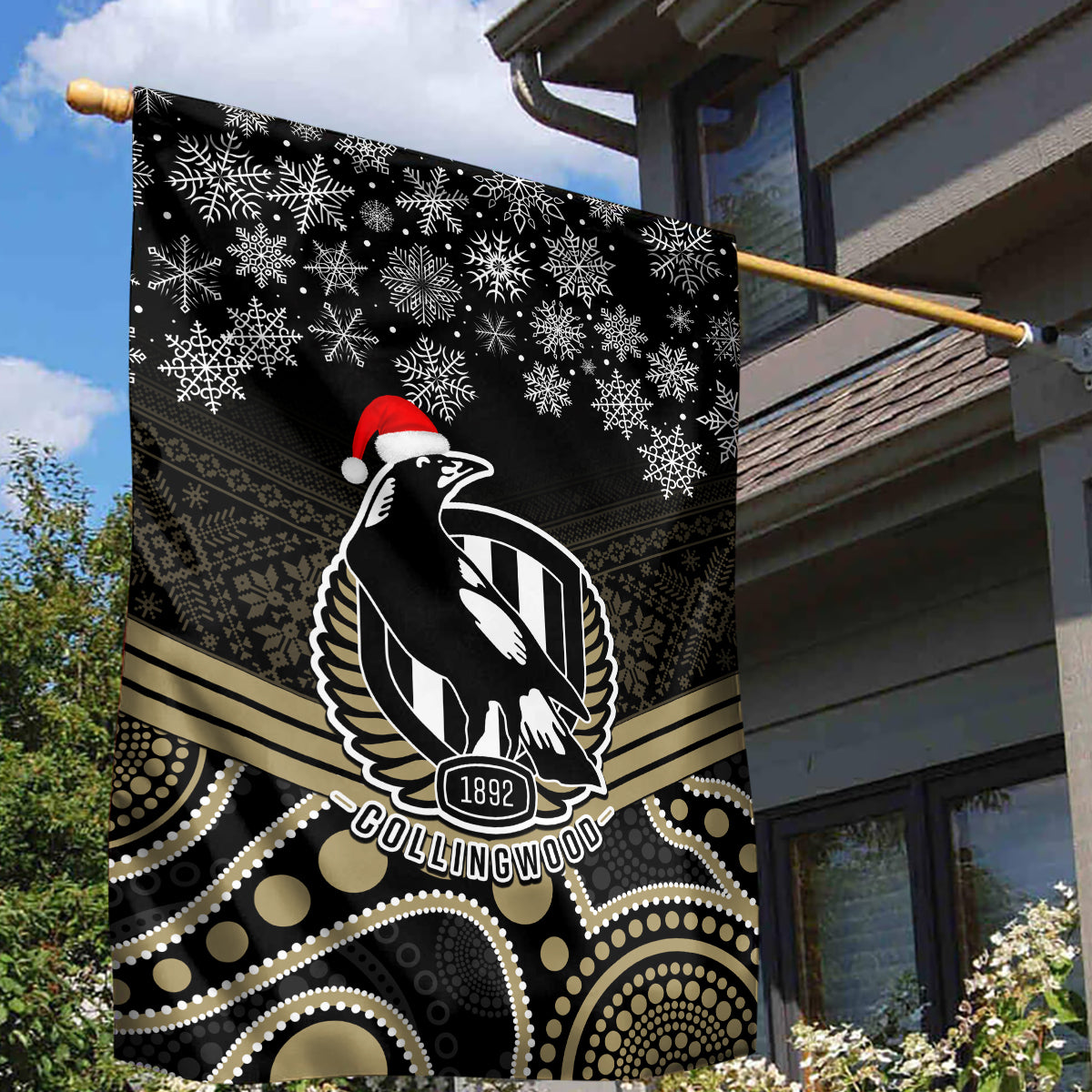 Collingwood Football Christmas Garden Flag Merry Xmas 2023 Mix Aboriginal Art - Vibe Hoodie Shop