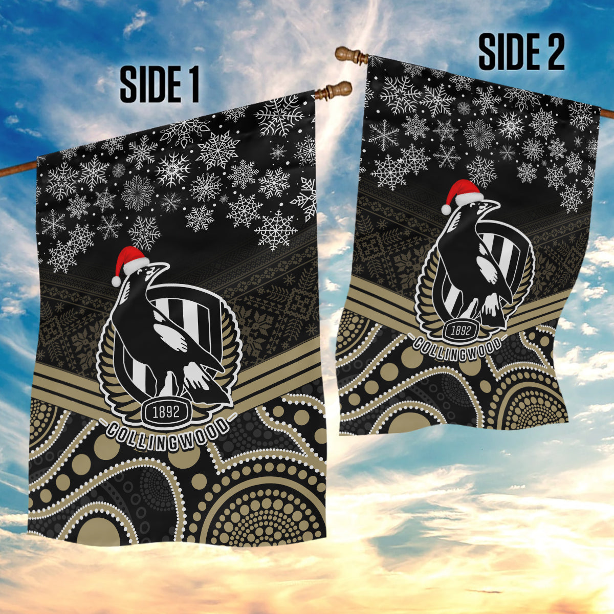 Collingwood Football Christmas Garden Flag Merry Xmas 2023 Mix Aboriginal Art - Vibe Hoodie Shop