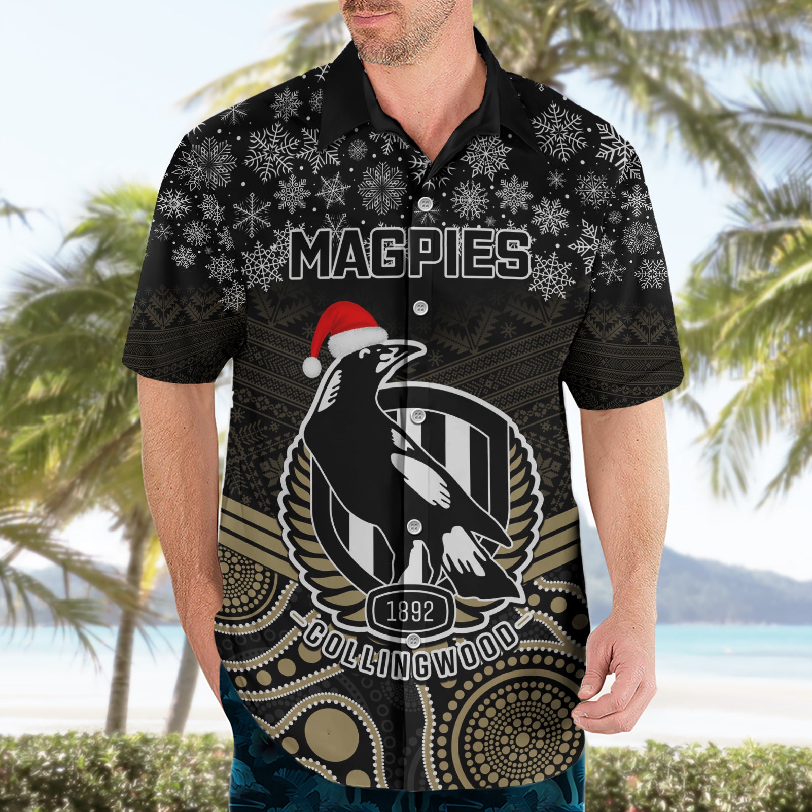 Custom Collingwood Football Christmas Hawaiian Shirt Merry Xmas 2023 Mix Aboriginal Art - Vibe Hoodie Shop