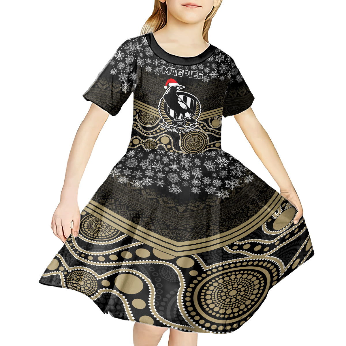 Custom Collingwood Football Christmas Kid Short Sleeve Dress Merry Xmas 2023 Mix Aboriginal Art - Vibe Hoodie Shop