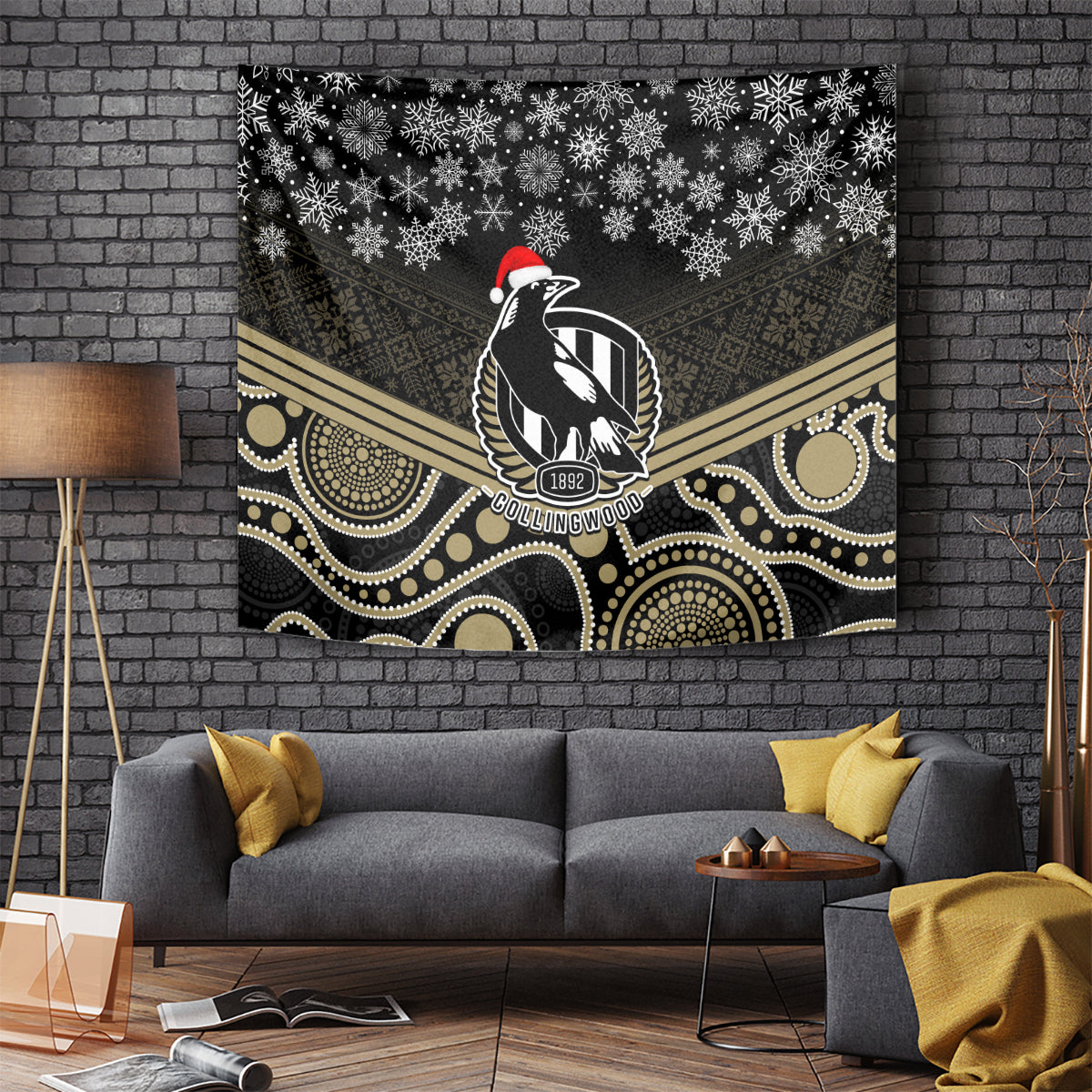 Collingwood Football Christmas Tapestry Merry Xmas 2023 Mix Aboriginal Art - Vibe Hoodie Shop