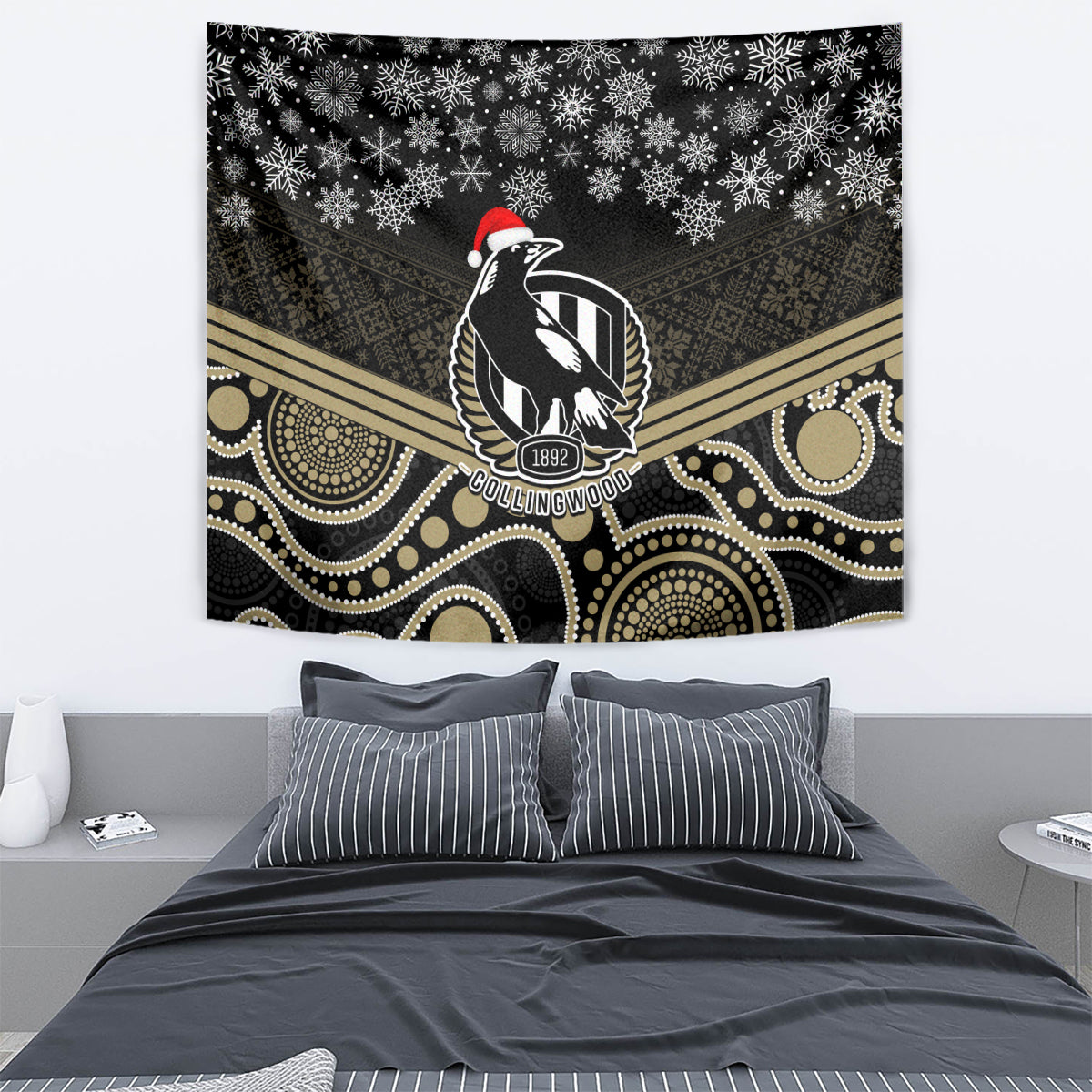 Collingwood Football Christmas Tapestry Merry Xmas 2023 Mix Aboriginal Art - Vibe Hoodie Shop