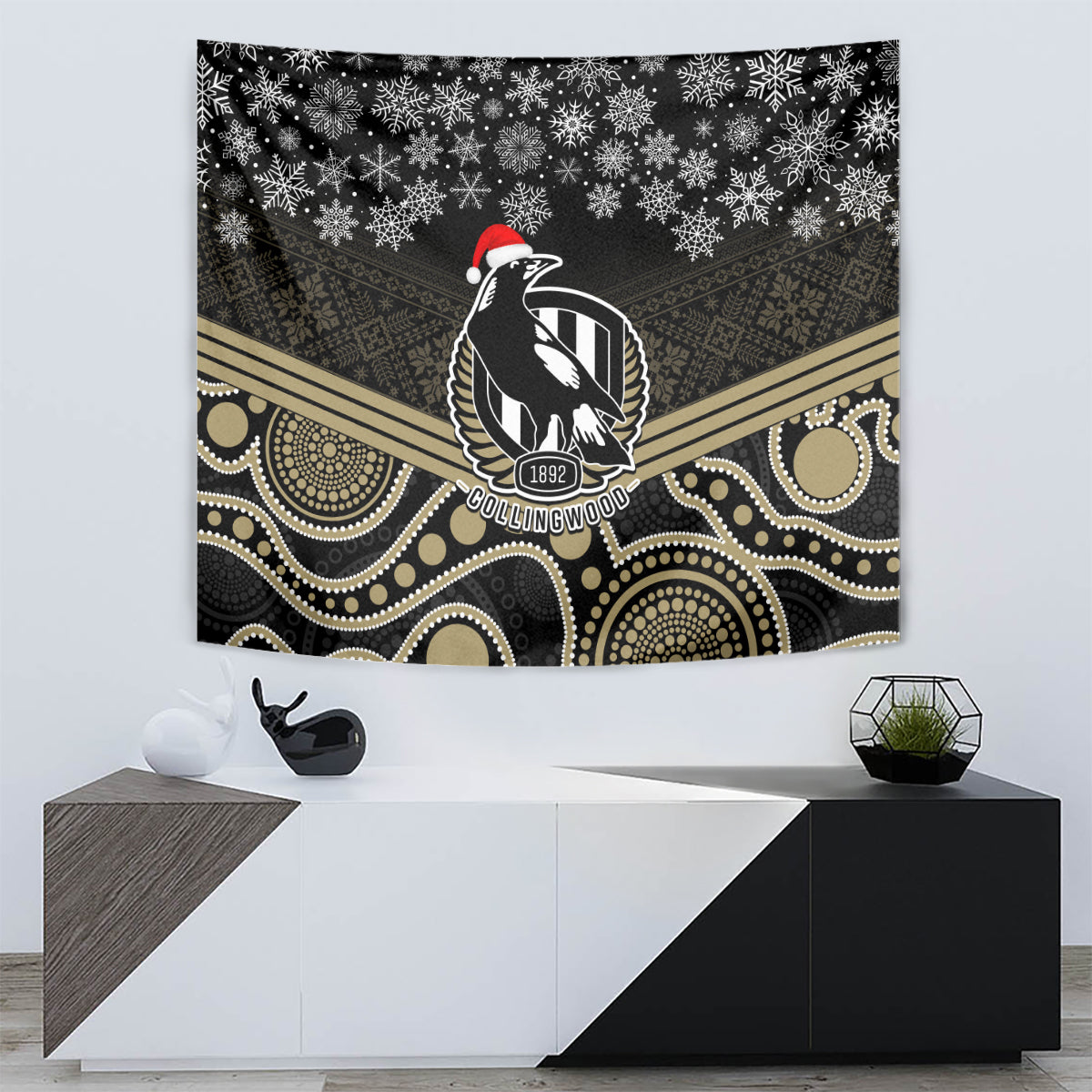 Collingwood Football Christmas Tapestry Merry Xmas 2023 Mix Aboriginal Art - Vibe Hoodie Shop