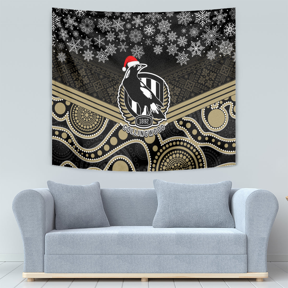 Collingwood Football Christmas Tapestry Merry Xmas 2023 Mix Aboriginal Art - Vibe Hoodie Shop