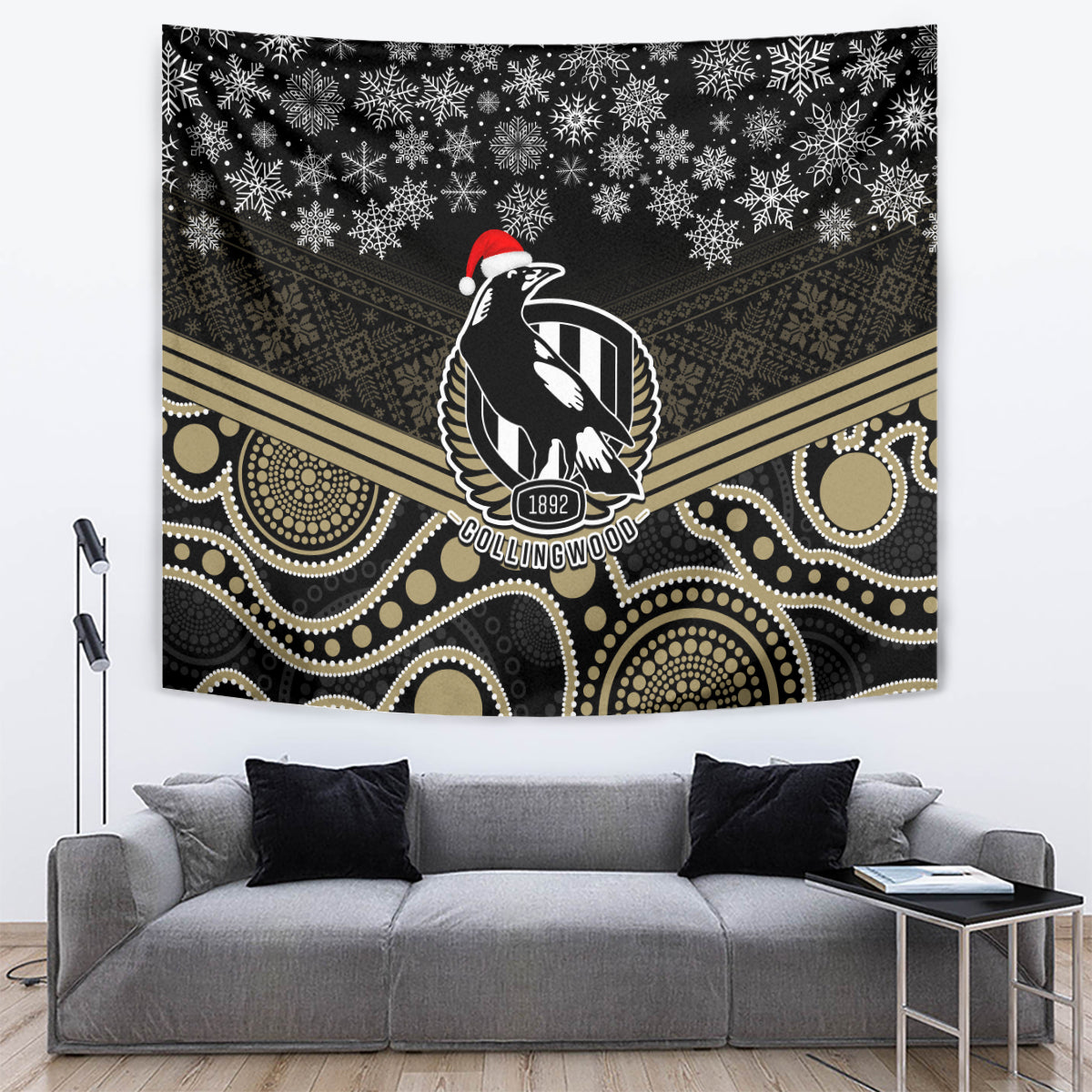 Collingwood Football Christmas Tapestry Merry Xmas 2023 Mix Aboriginal Art - Vibe Hoodie Shop