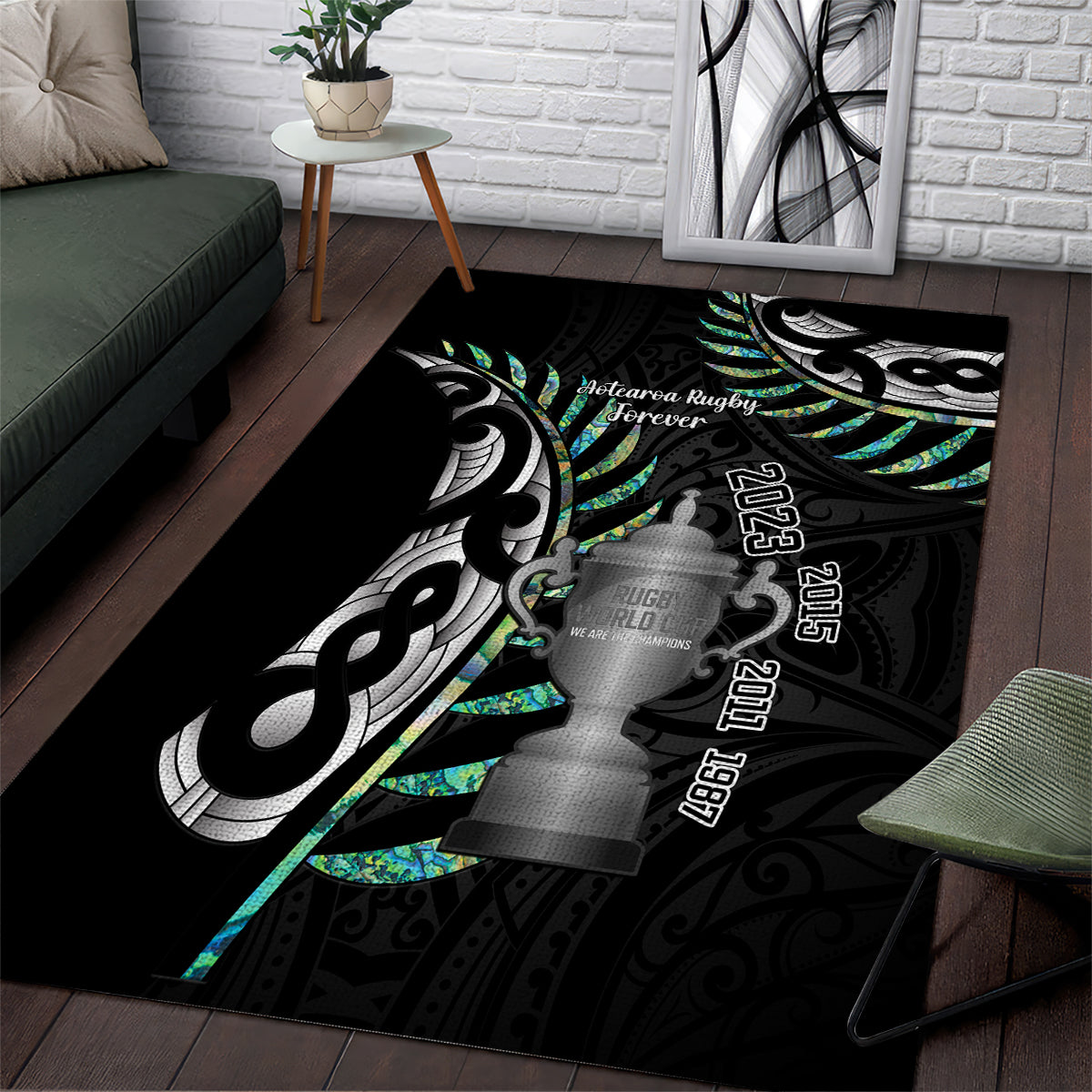 Personalised New Zealand Silver Fern Rugby Area Rug Paua Shell With Champions Trophy History NZ Forever - Vibe Hoodie Shop