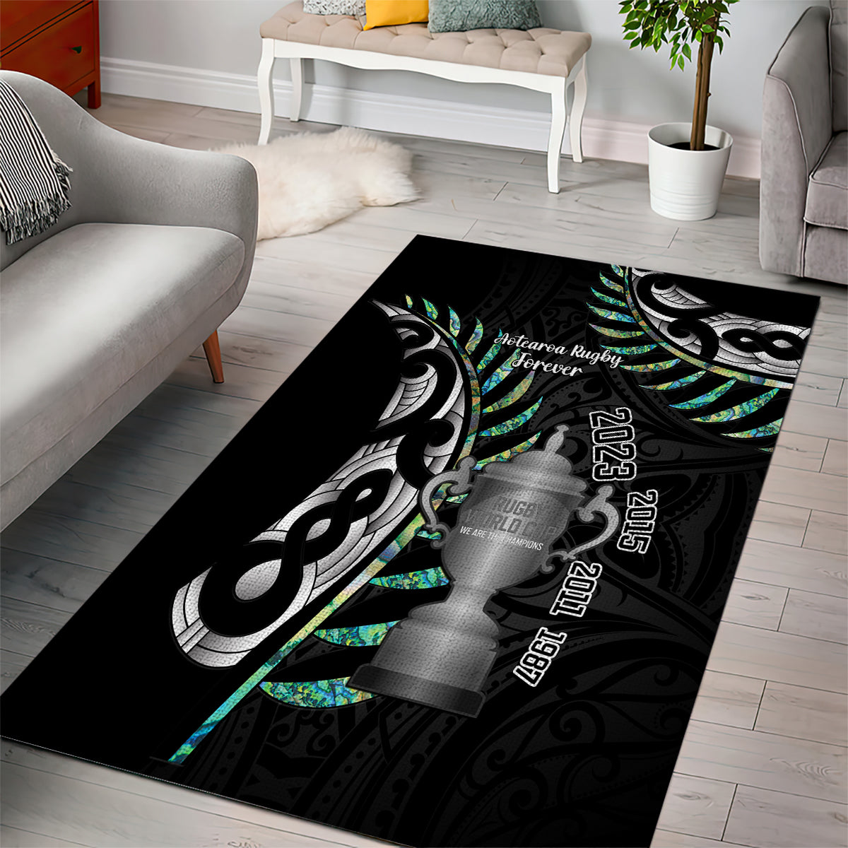 Personalised New Zealand Silver Fern Rugby Area Rug Paua Shell With Champions Trophy History NZ Forever - Vibe Hoodie Shop