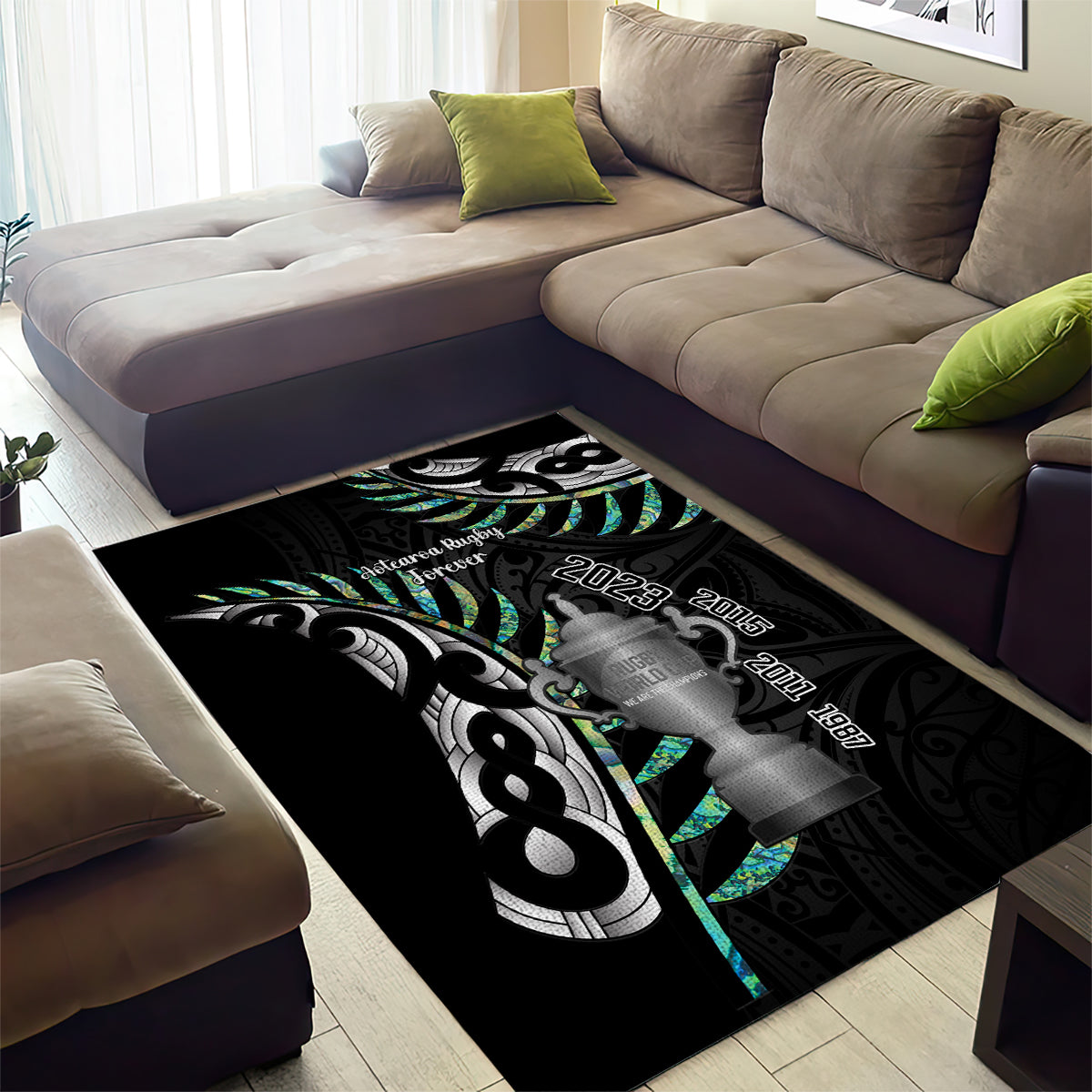 Personalised New Zealand Silver Fern Rugby Area Rug Paua Shell With Champions Trophy History NZ Forever - Vibe Hoodie Shop