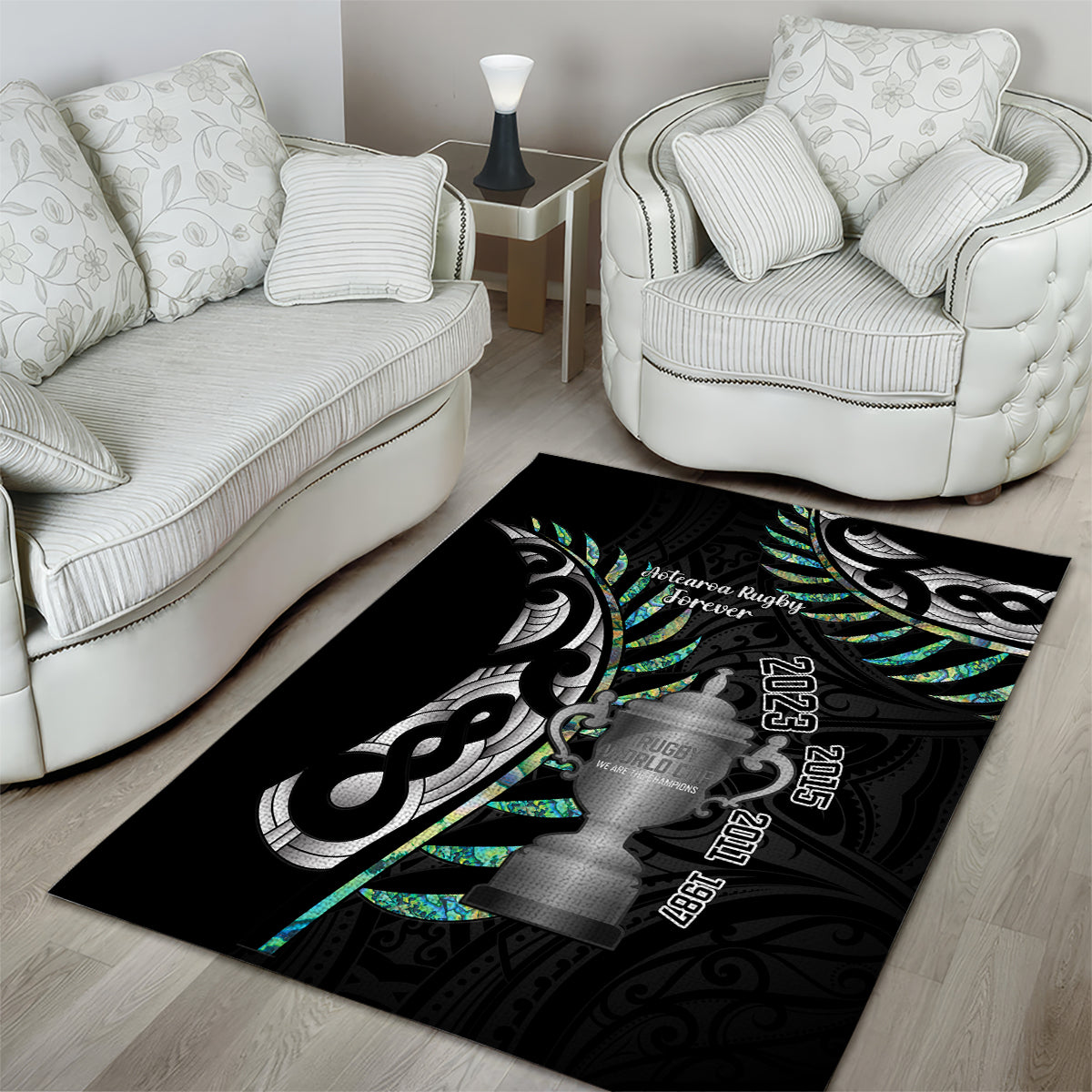 Personalised New Zealand Silver Fern Rugby Area Rug Paua Shell With Champions Trophy History NZ Forever - Vibe Hoodie Shop