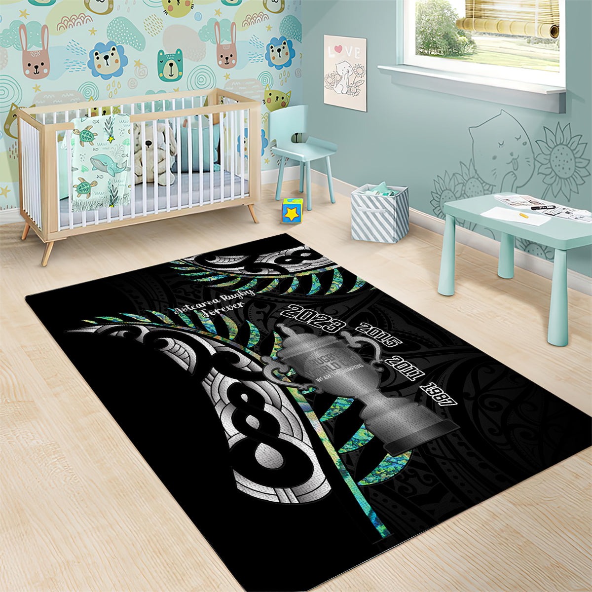 Personalised New Zealand Silver Fern Rugby Area Rug Paua Shell With Champions Trophy History NZ Forever - Vibe Hoodie Shop