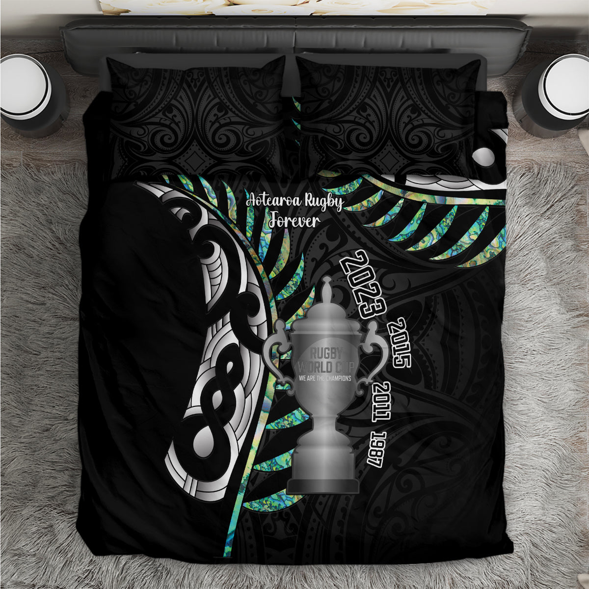 Personalised New Zealand Silver Fern Rugby Bedding Set Paua Shell With Champions Trophy History NZ Forever - Vibe Hoodie Shop