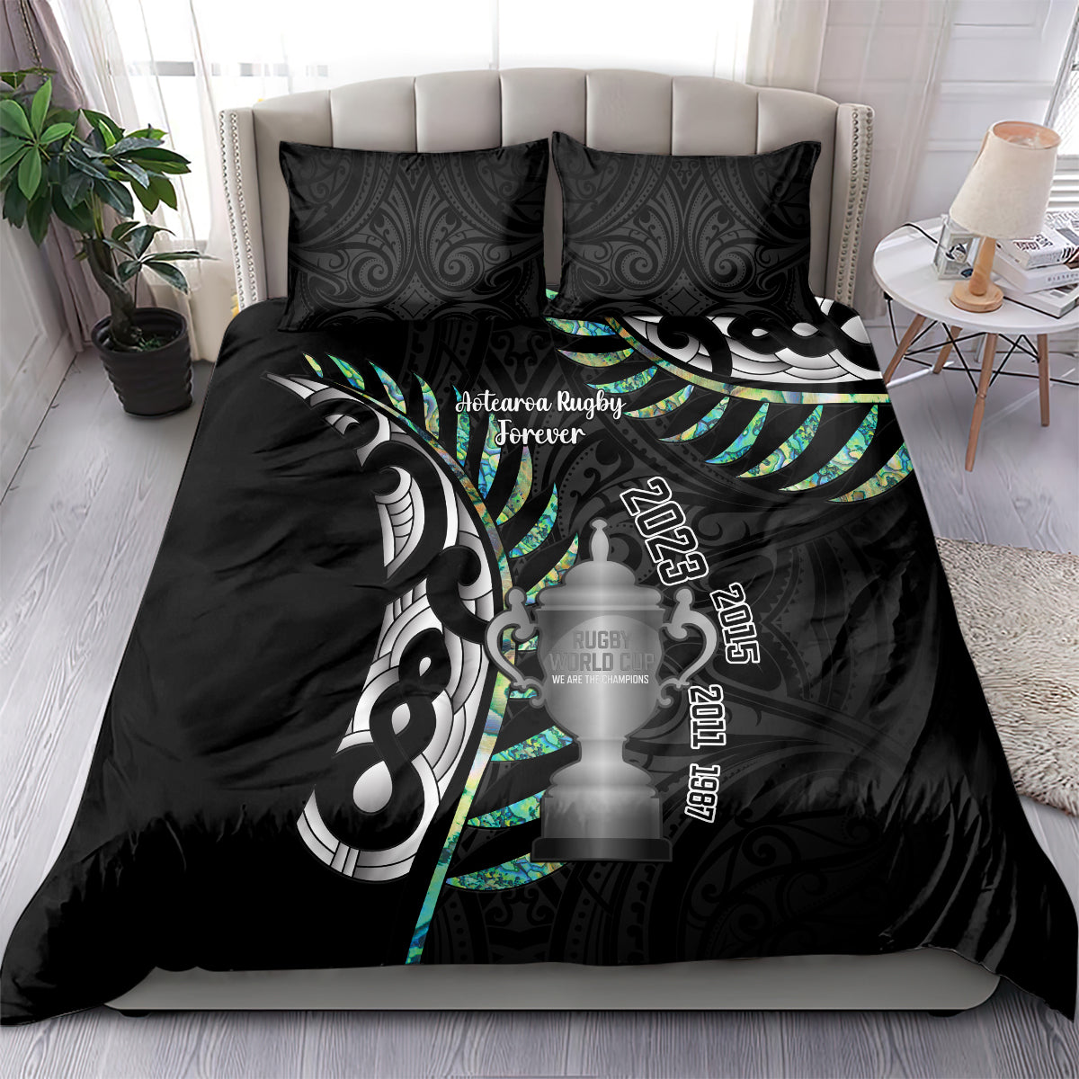 Personalised New Zealand Silver Fern Rugby Bedding Set Paua Shell With Champions Trophy History NZ Forever - Vibe Hoodie Shop