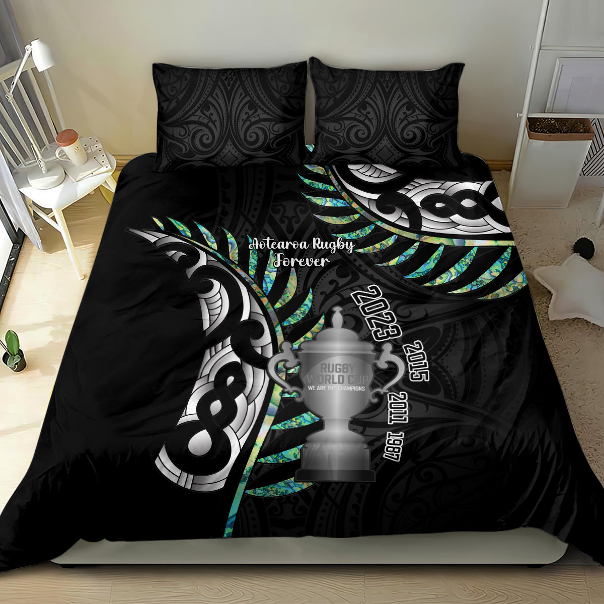 Personalised New Zealand Silver Fern Rugby Bedding Set Paua Shell With Champions Trophy History NZ Forever - Vibe Hoodie Shop