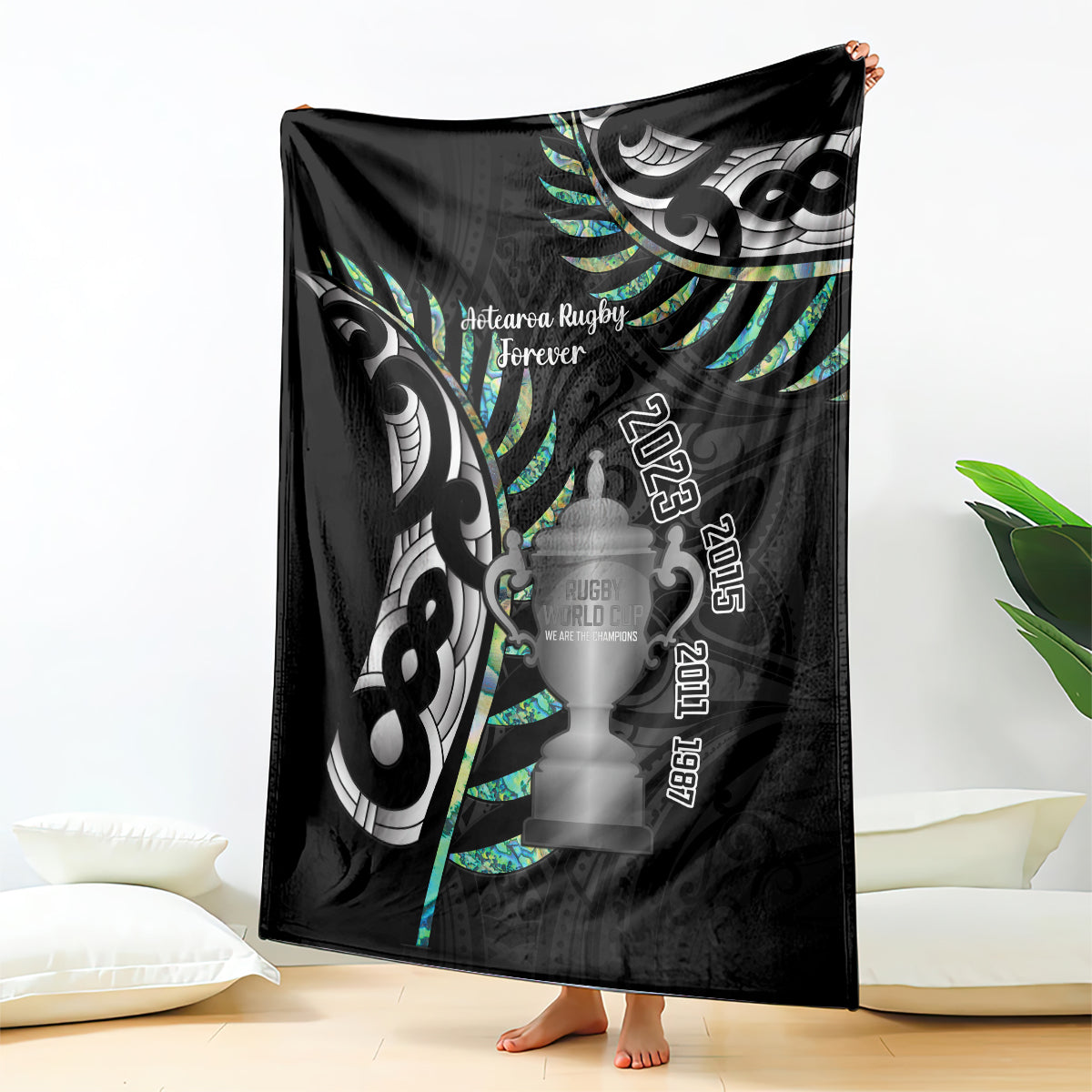 Personalised New Zealand Silver Fern Rugby Blanket Paua Shell With Champions Trophy History NZ Forever - Vibe Hoodie Shop