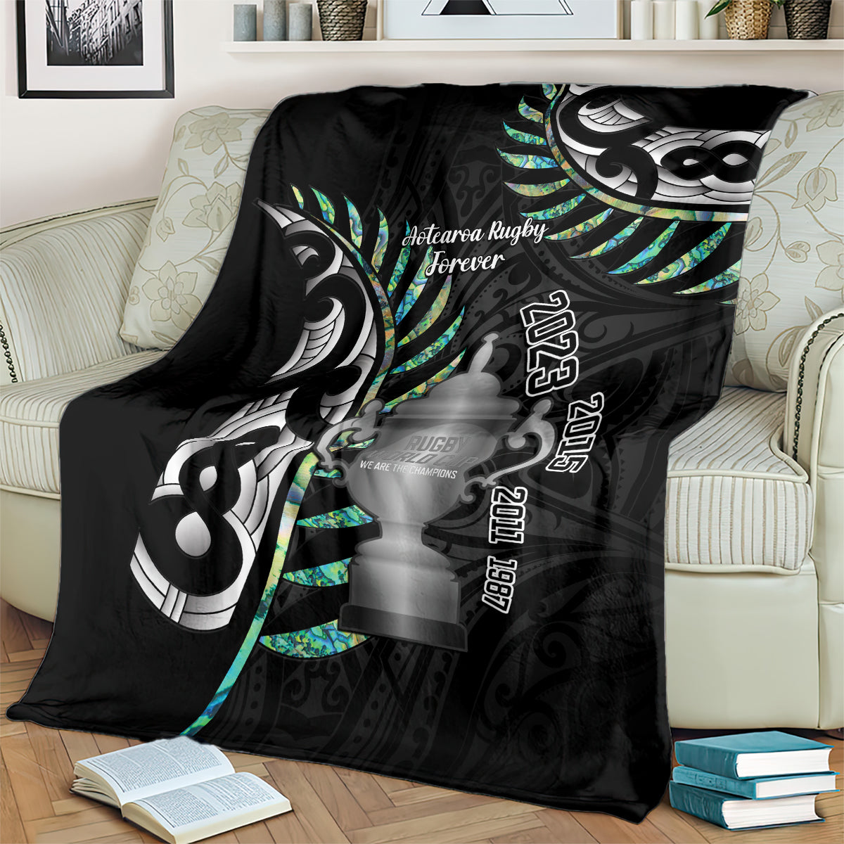 Personalised New Zealand Silver Fern Rugby Blanket Paua Shell With Champions Trophy History NZ Forever - Vibe Hoodie Shop