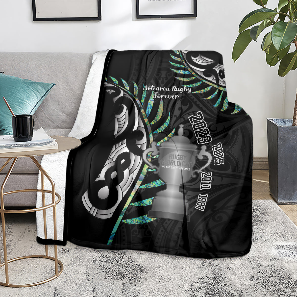 Personalised New Zealand Silver Fern Rugby Blanket Paua Shell With Champions Trophy History NZ Forever - Vibe Hoodie Shop