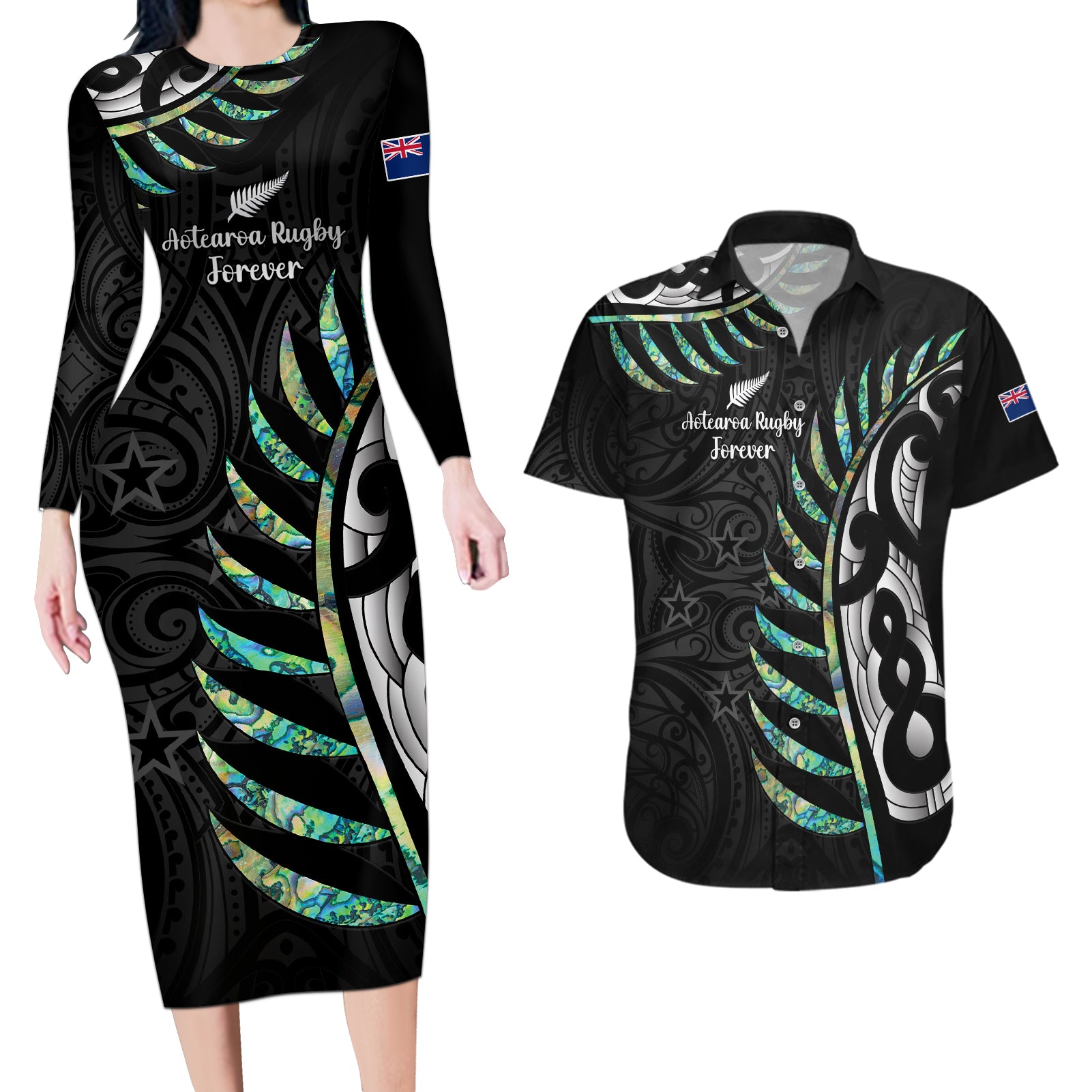 personalised-new-zealand-silver-fern-rugby-couples-matching-long-sleeve-bodycon-dress-and-hawaiian-shirt-paua-shell-with-champions-trophy-history-nz-forever