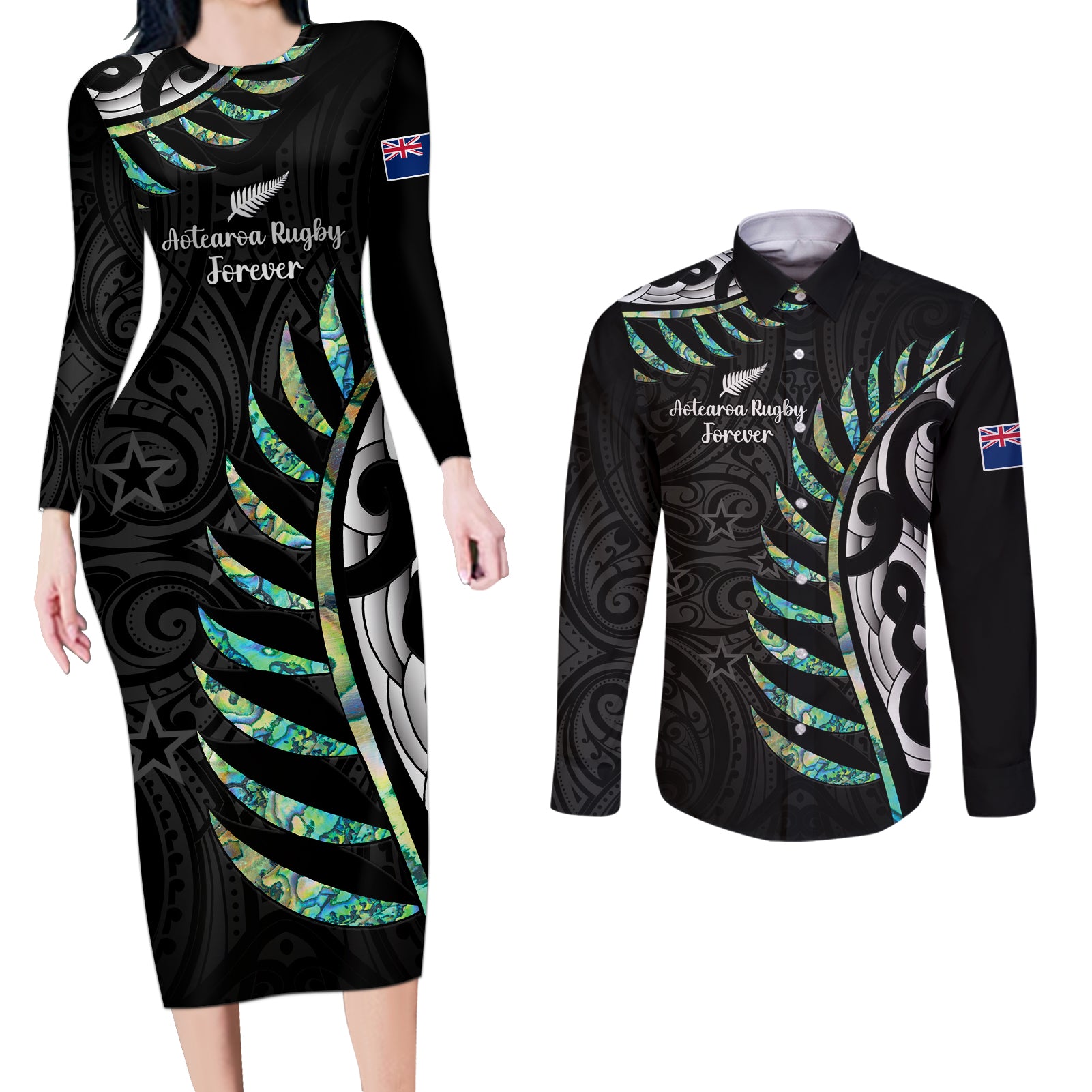 personalised-new-zealand-silver-fern-rugby-couples-matching-long-sleeve-bodycon-dress-and-long-sleeve-button-shirt-paua-shell-with-champions-trophy-history-nz-forever