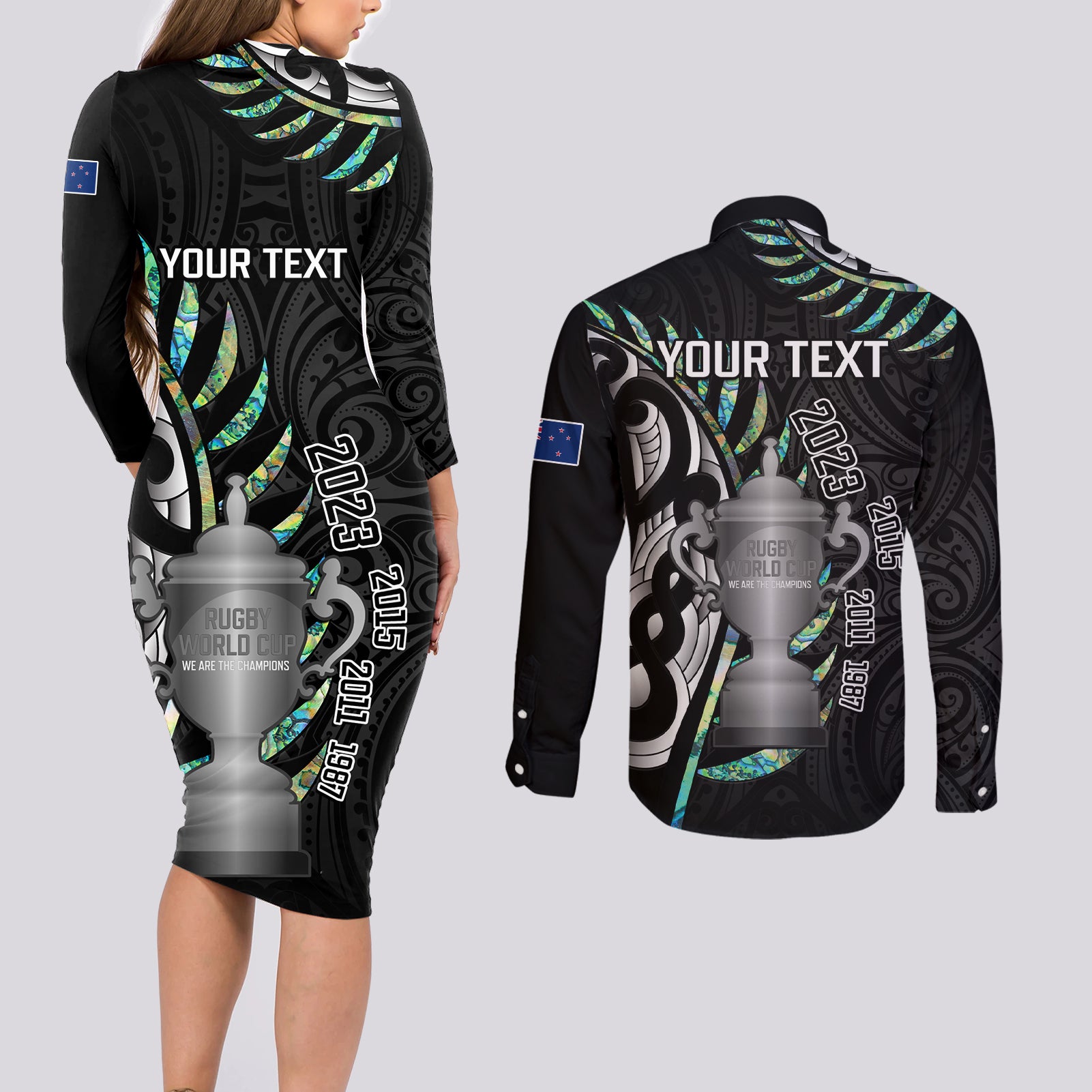 personalised-new-zealand-silver-fern-rugby-couples-matching-long-sleeve-bodycon-dress-and-long-sleeve-button-shirt-paua-shell-with-champions-trophy-history-nz-forever