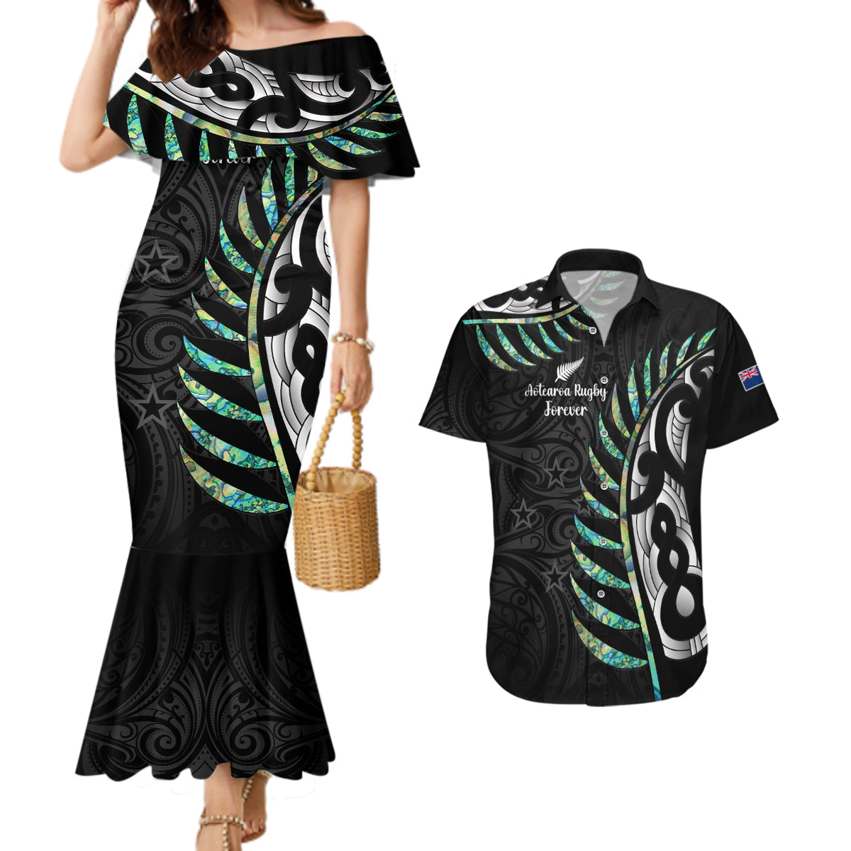 personalised-new-zealand-silver-fern-rugby-couples-matching-mermaid-dress-and-hawaiian-shirt-paua-shell-with-champions-trophy-history-nz-forever