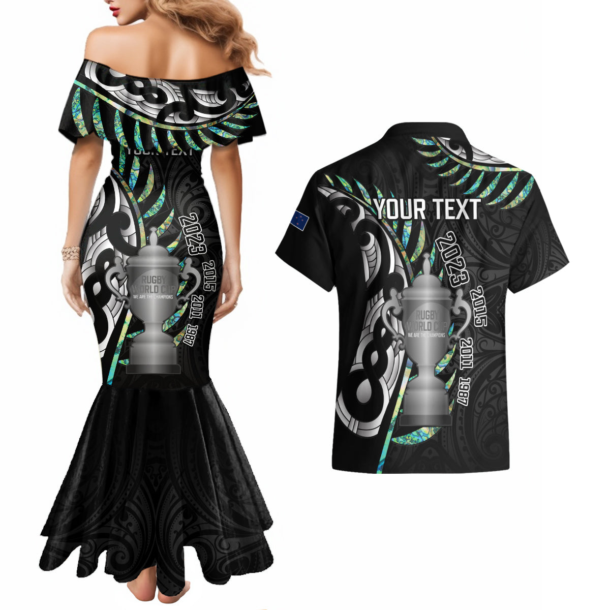 personalised-new-zealand-silver-fern-rugby-couples-matching-mermaid-dress-and-hawaiian-shirt-paua-shell-with-champions-trophy-history-nz-forever