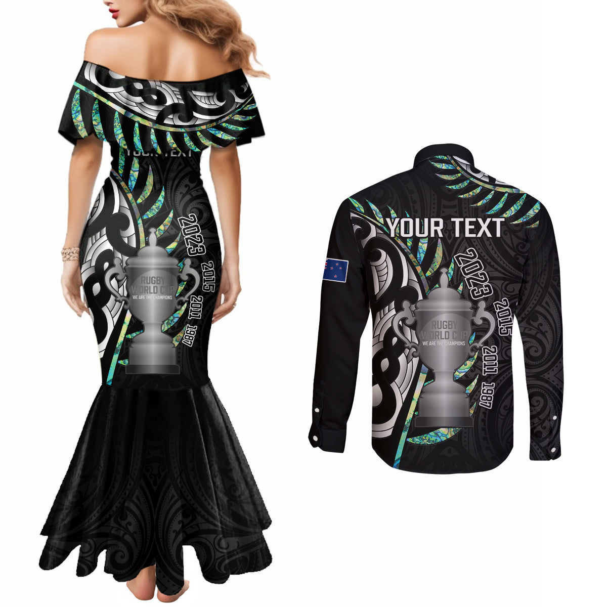 personalised-new-zealand-silver-fern-rugby-couples-matching-mermaid-dress-and-long-sleeve-button-shirt-paua-shell-with-champions-trophy-history-nz-forever