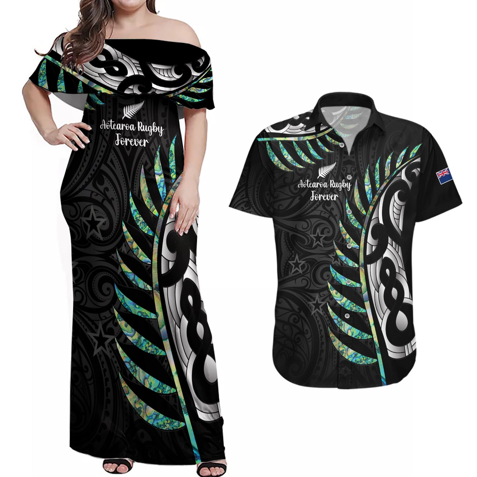 personalised-new-zealand-silver-fern-rugby-couples-matching-off-shoulder-maxi-dress-and-hawaiian-shirt-paua-shell-with-champions-trophy-history-nz-forever