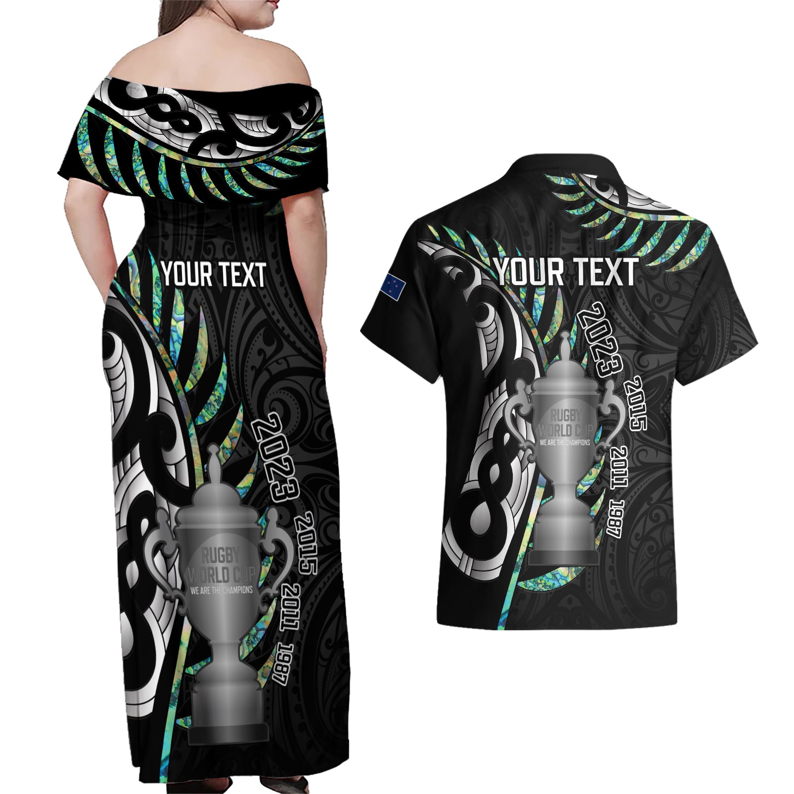 personalised-new-zealand-silver-fern-rugby-couples-matching-off-shoulder-maxi-dress-and-hawaiian-shirt-paua-shell-with-champions-trophy-history-nz-forever