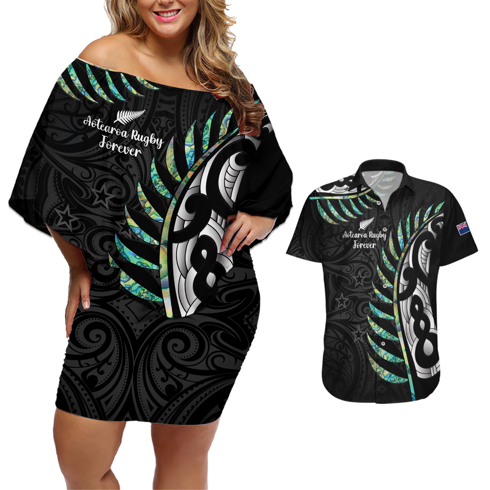 personalised-new-zealand-silver-fern-rugby-couples-matching-off-shoulder-short-dress-and-hawaiian-shirt-paua-shell-with-champions-trophy-history-nz-forever