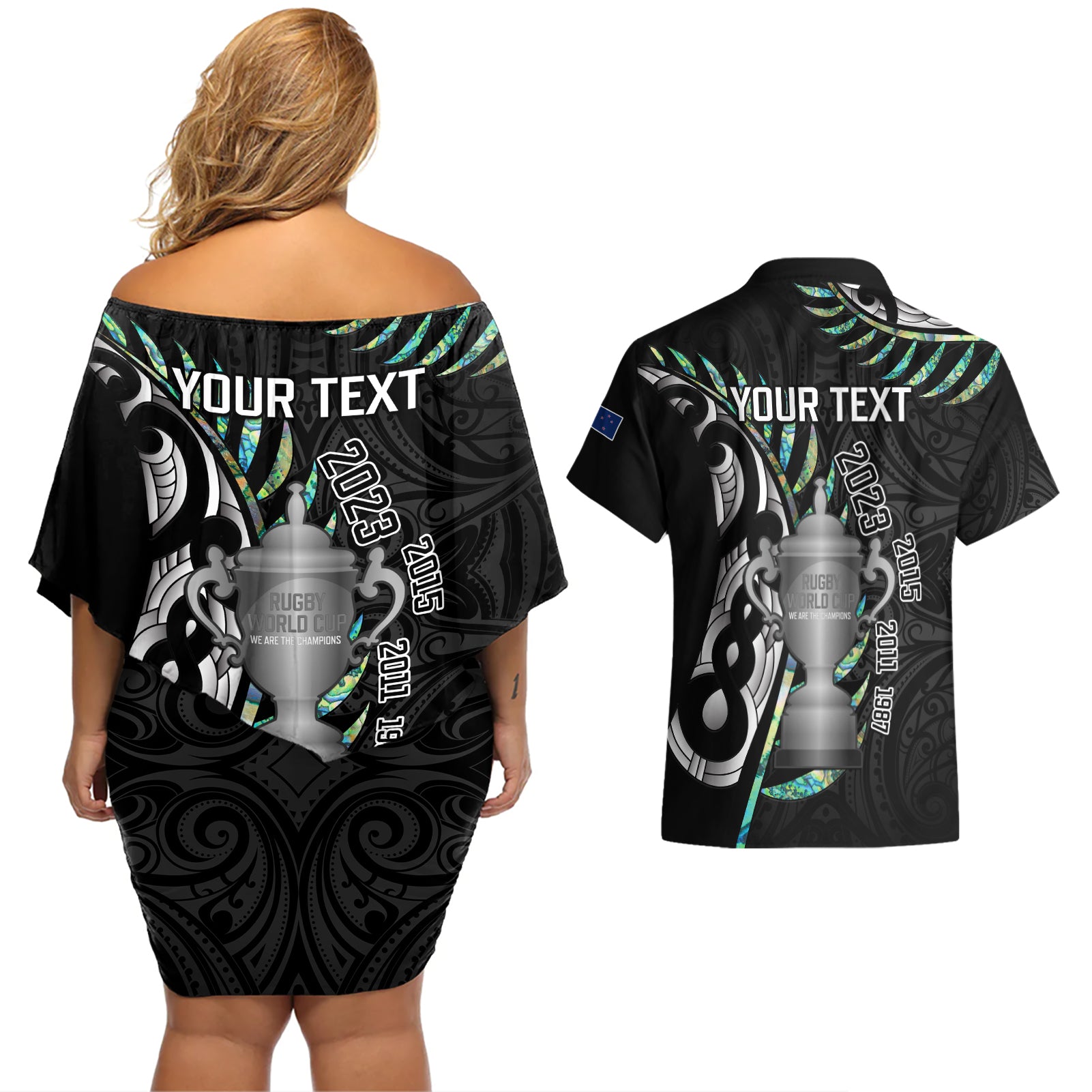 personalised-new-zealand-silver-fern-rugby-couples-matching-off-shoulder-short-dress-and-hawaiian-shirt-paua-shell-with-champions-trophy-history-nz-forever