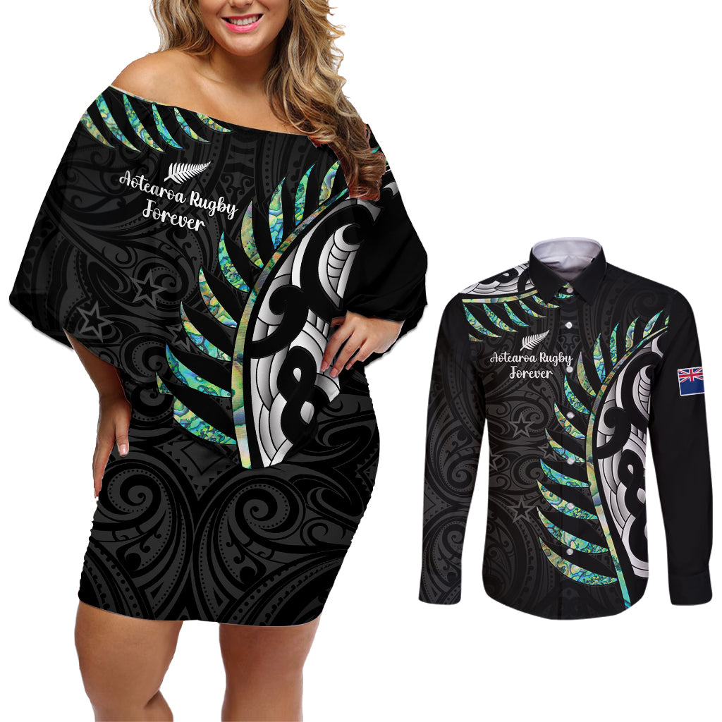 personalised-new-zealand-silver-fern-rugby-couples-matching-off-shoulder-short-dress-and-long-sleeve-button-shirt-paua-shell-with-champions-trophy-history-nz-forever