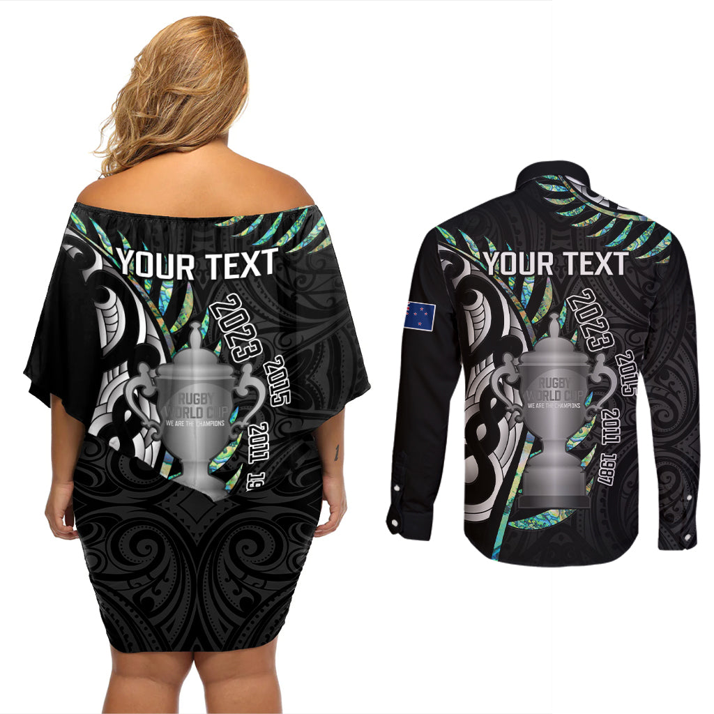 personalised-new-zealand-silver-fern-rugby-couples-matching-off-shoulder-short-dress-and-long-sleeve-button-shirt-paua-shell-with-champions-trophy-history-nz-forever